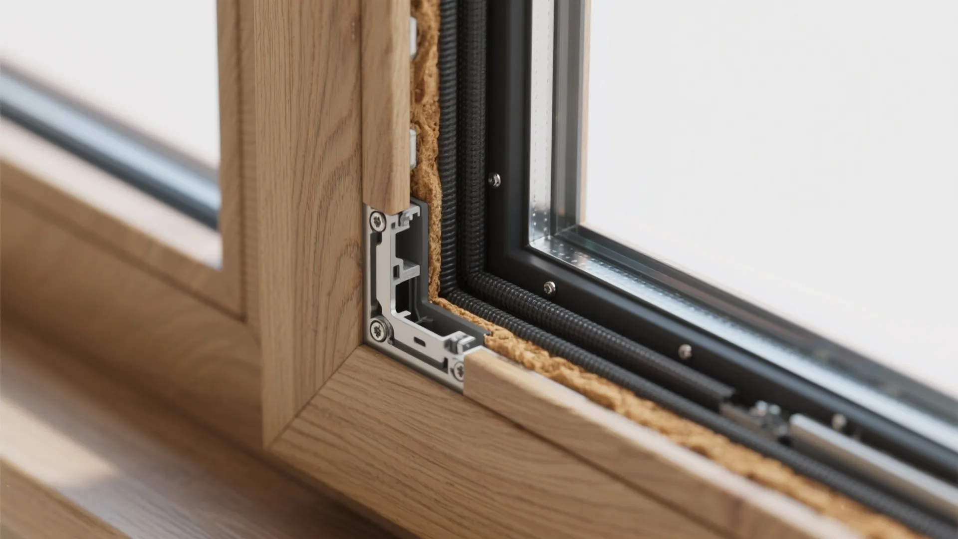 Close-up of a thermally broken solid oak frame with insulated spacer and low-e glazing detail.