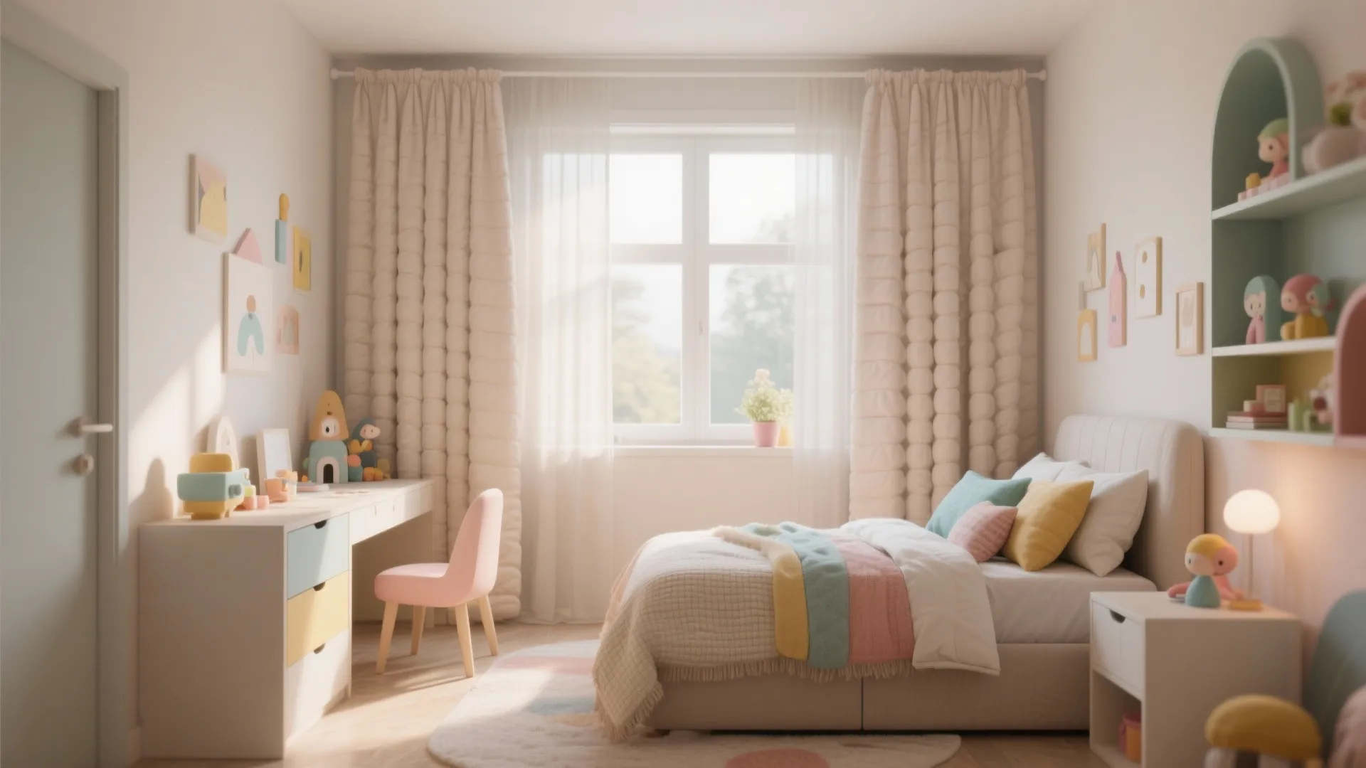 Kids room with light-colored thermal curtains for comfort