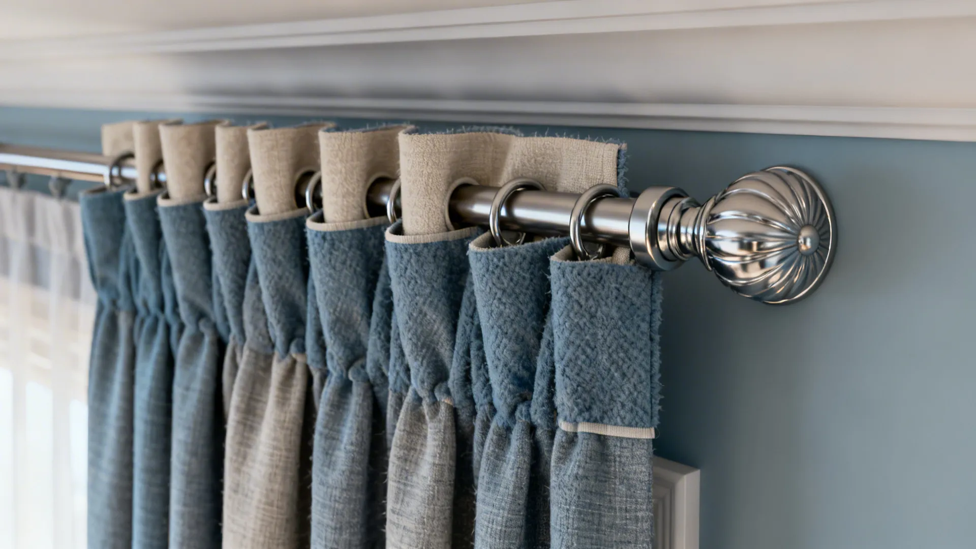 Close-up of thermal rod pocket curtain showing lining and heavy texture