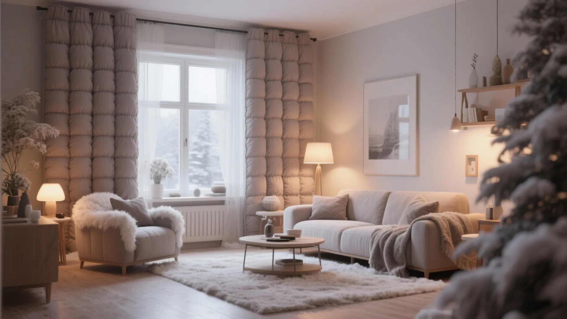 Thermal curtains in soft taupe add warmth to a living room