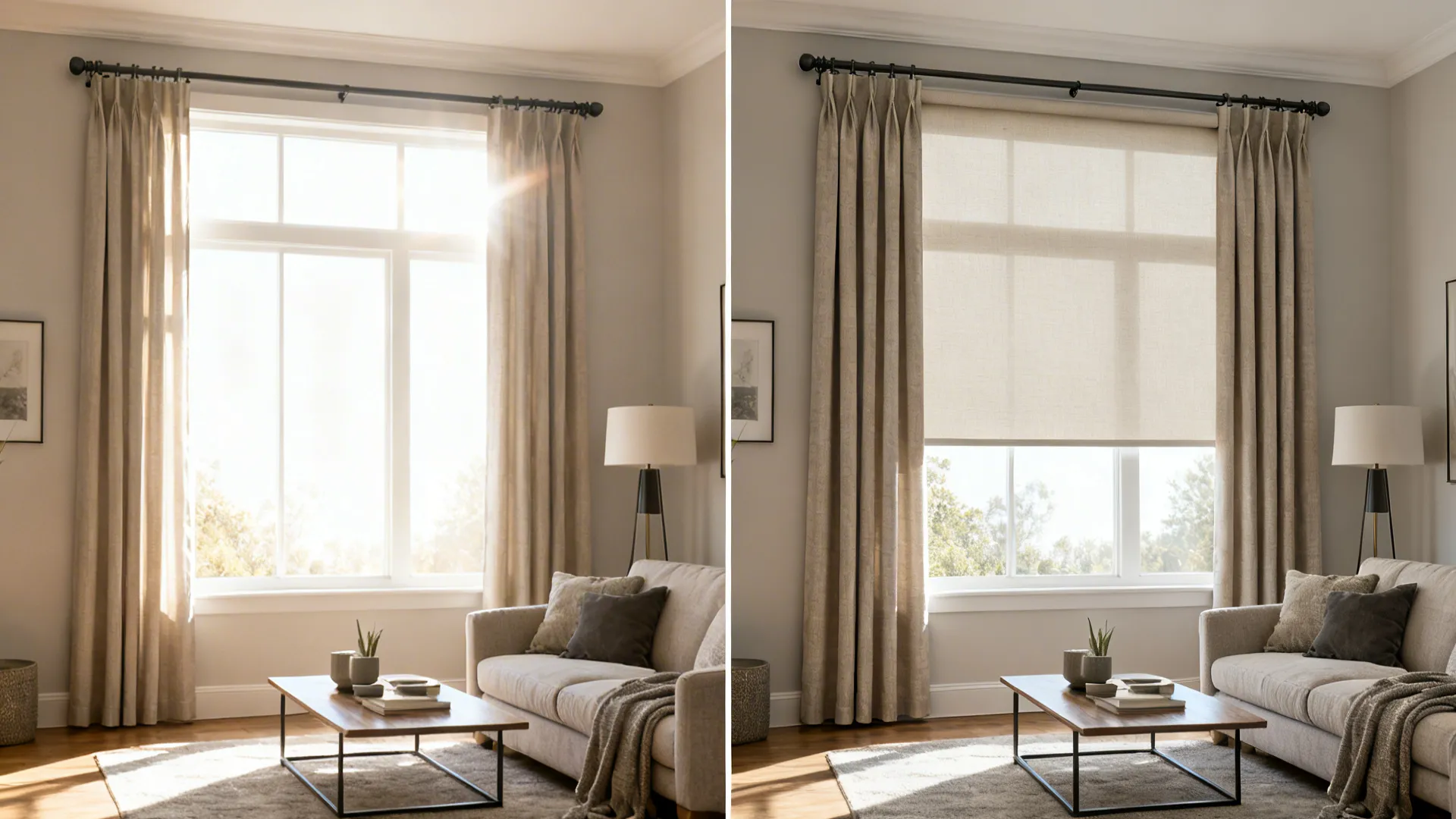 Before and after of west-facing living room adding roller shades and thermal-lined drapes.