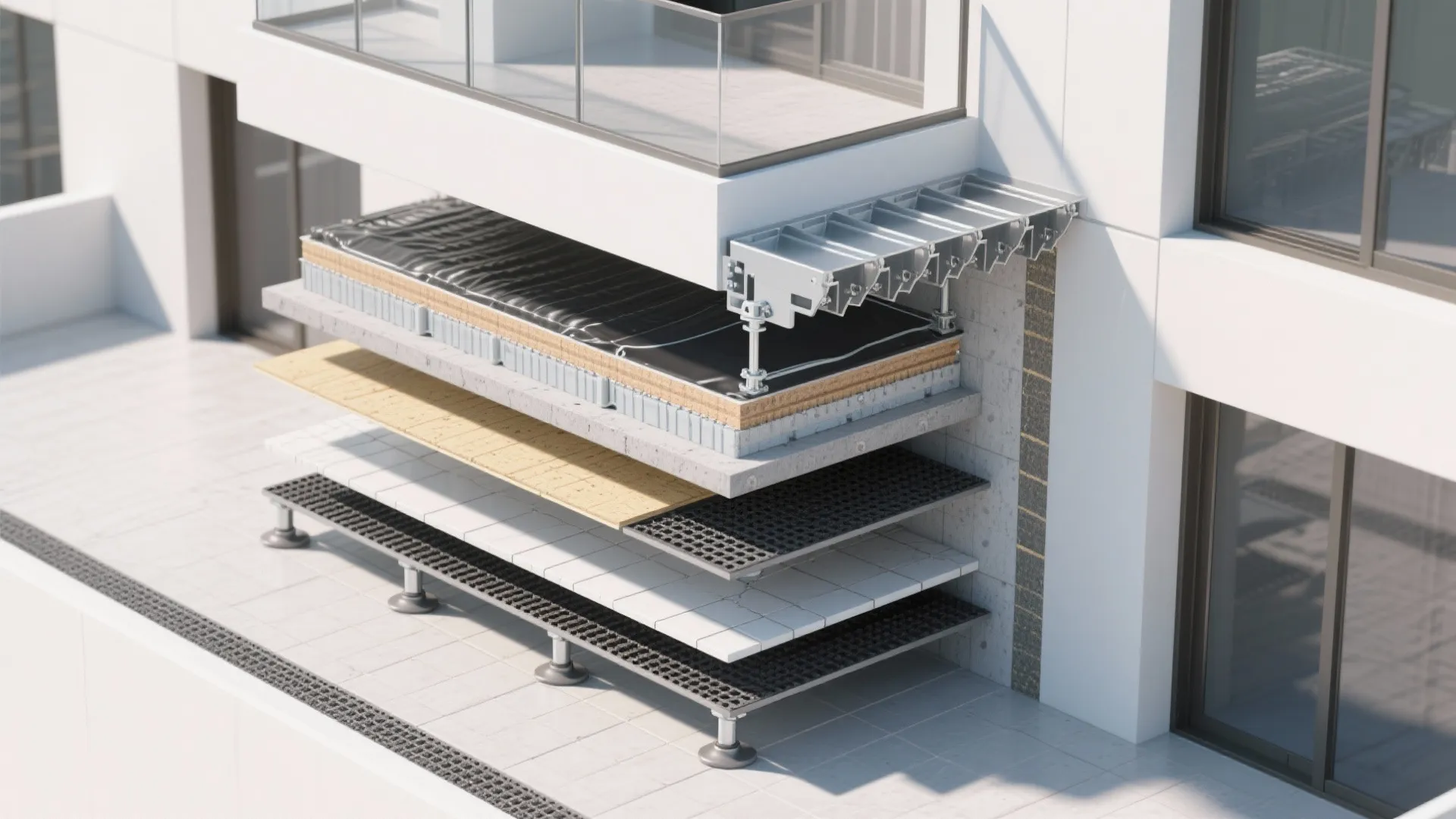 Interior design drawing showing different layers of balcony floor construction on a white modern building