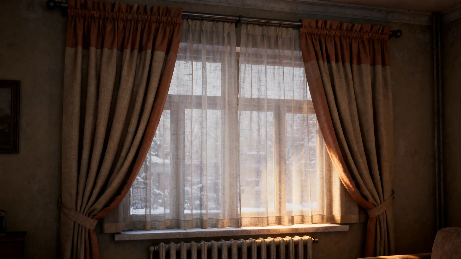 Older apartment living room with thermal-lined outer drapes and linen sheers inside on double rods.