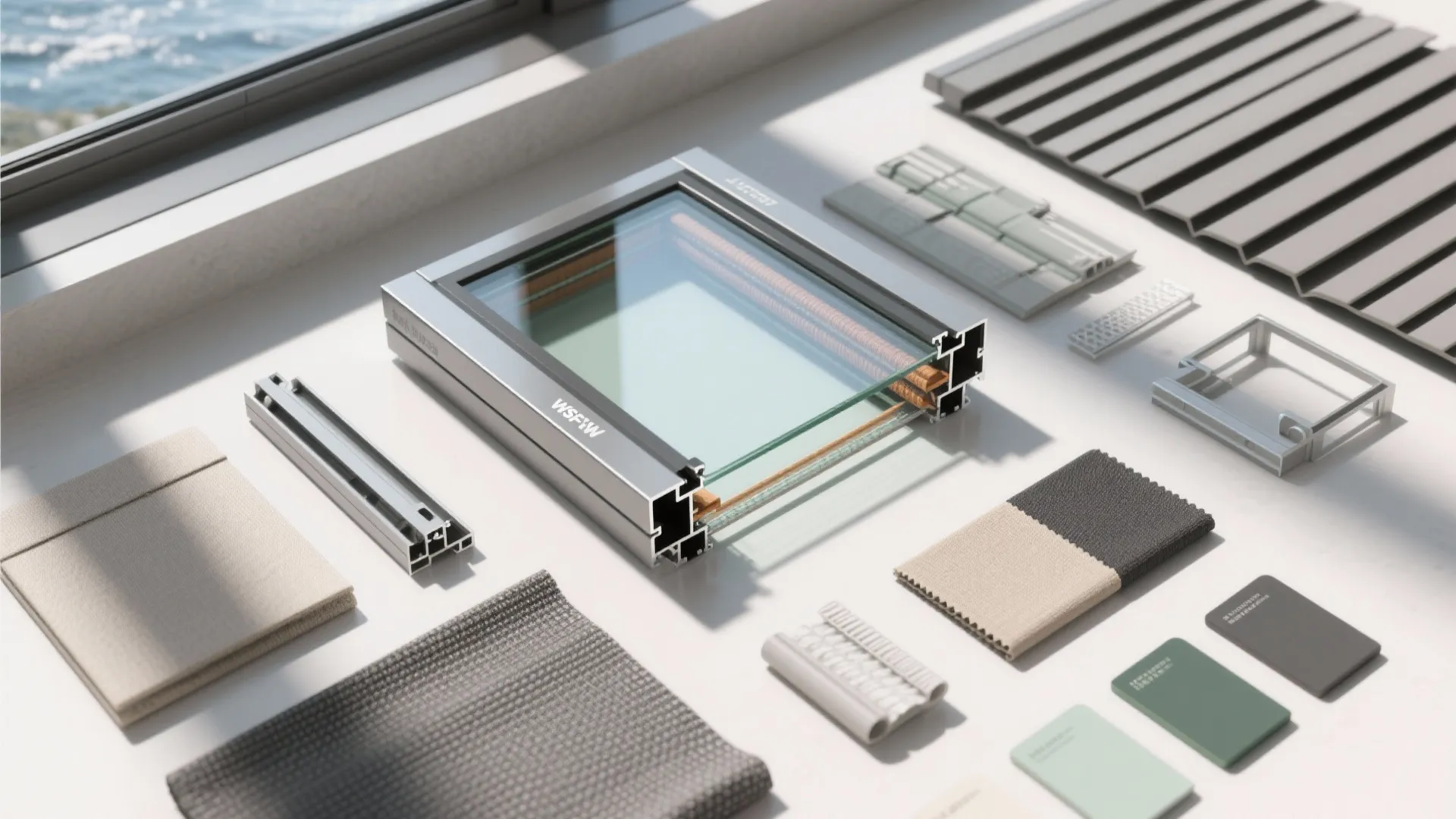 Modern aluminum window frame section with double glass panels surrounded by various building material samples