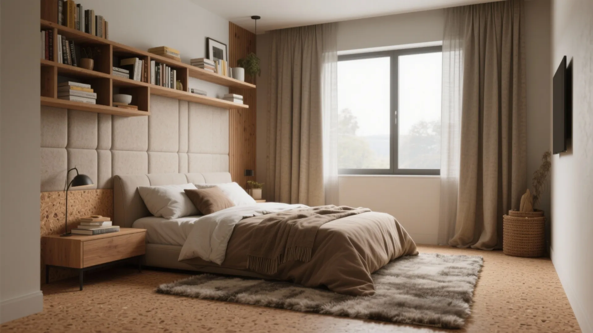 Compact bedroom with wool rug, cork layer, and bookshelf on an interior wall for thermal mass.