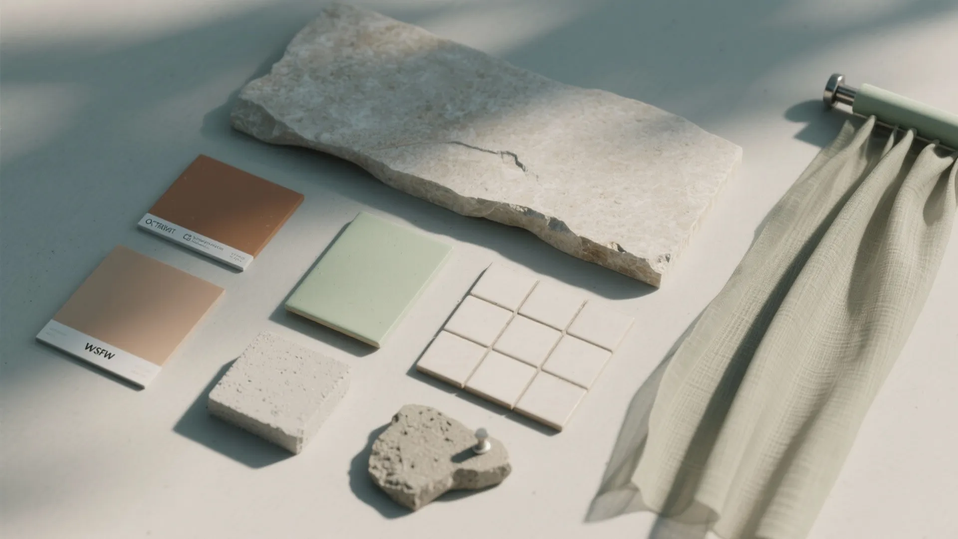 Interior design material board with stone slab, colorful square tiles, green fabric, and small samples