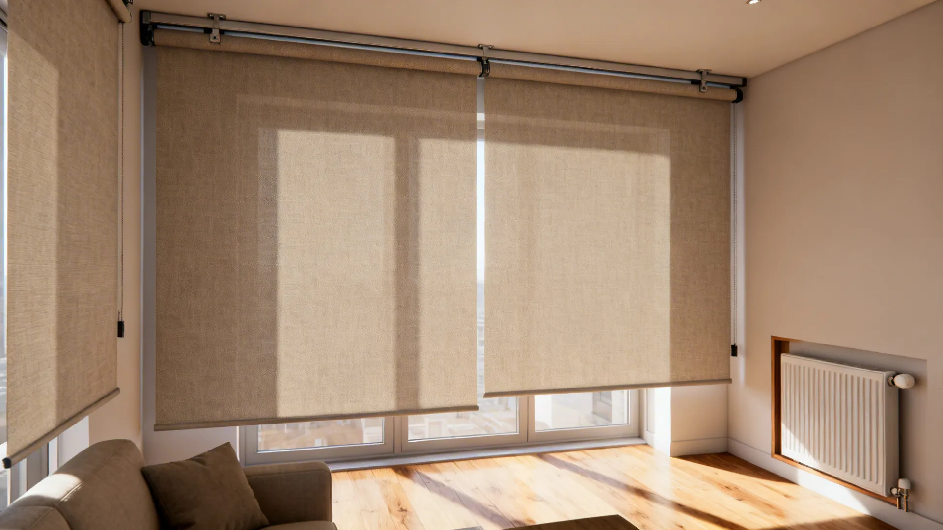 Small living room with thermal blackout panels on a slim ceiling track and visible reinforced anchors.