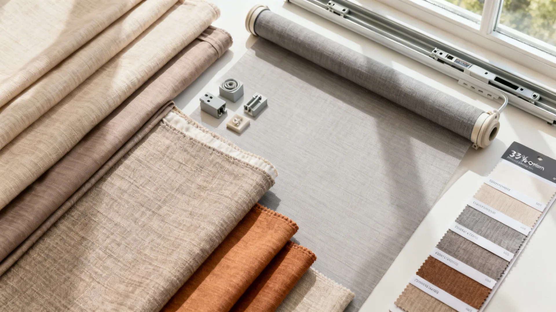 Flatlay of linen fabric, thermal interlining, and roller shade swatches for energy-efficient drapes.