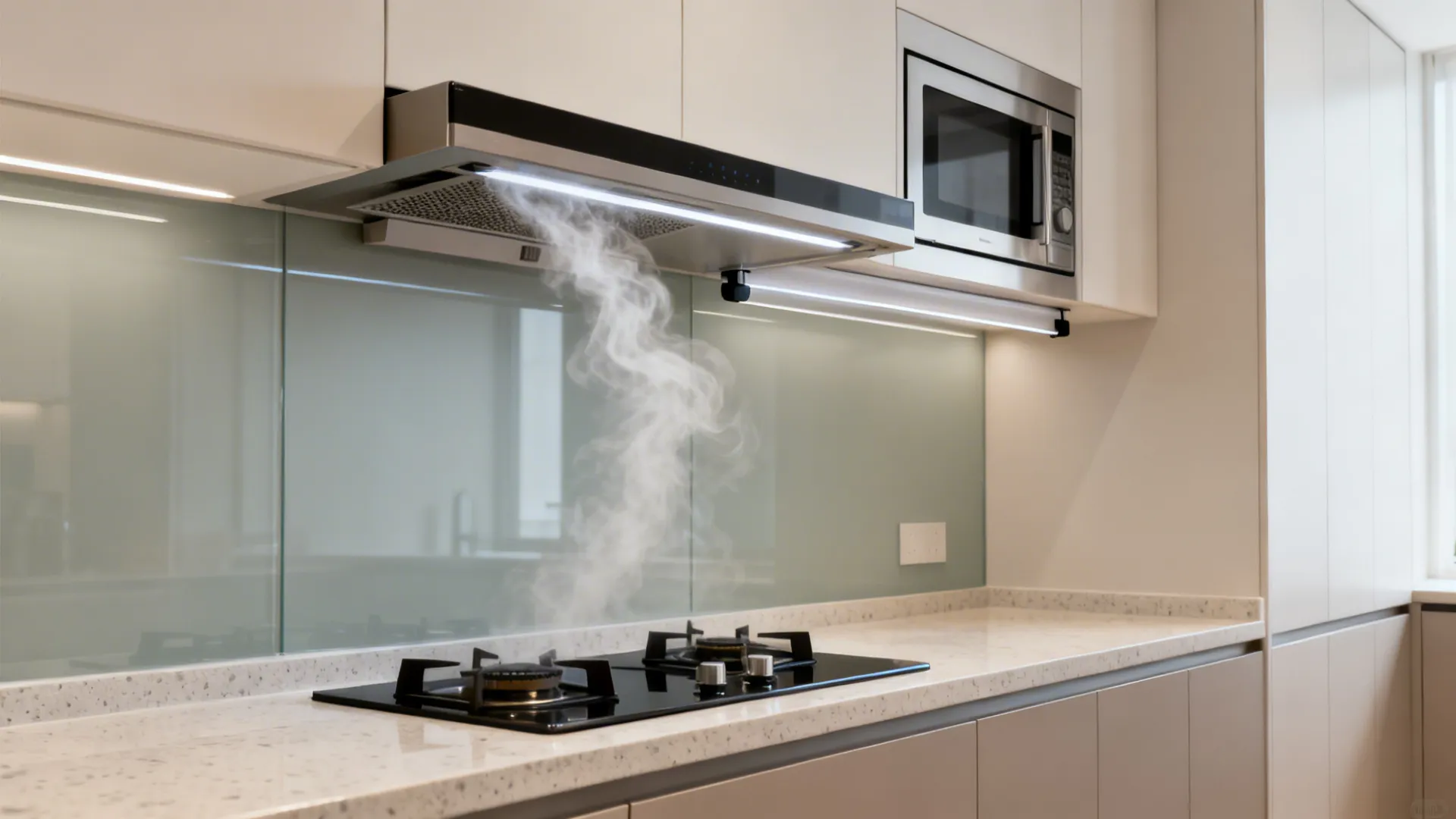 Modern kitchen range hood sucking up steam from a gas stove under a silver microwave oven