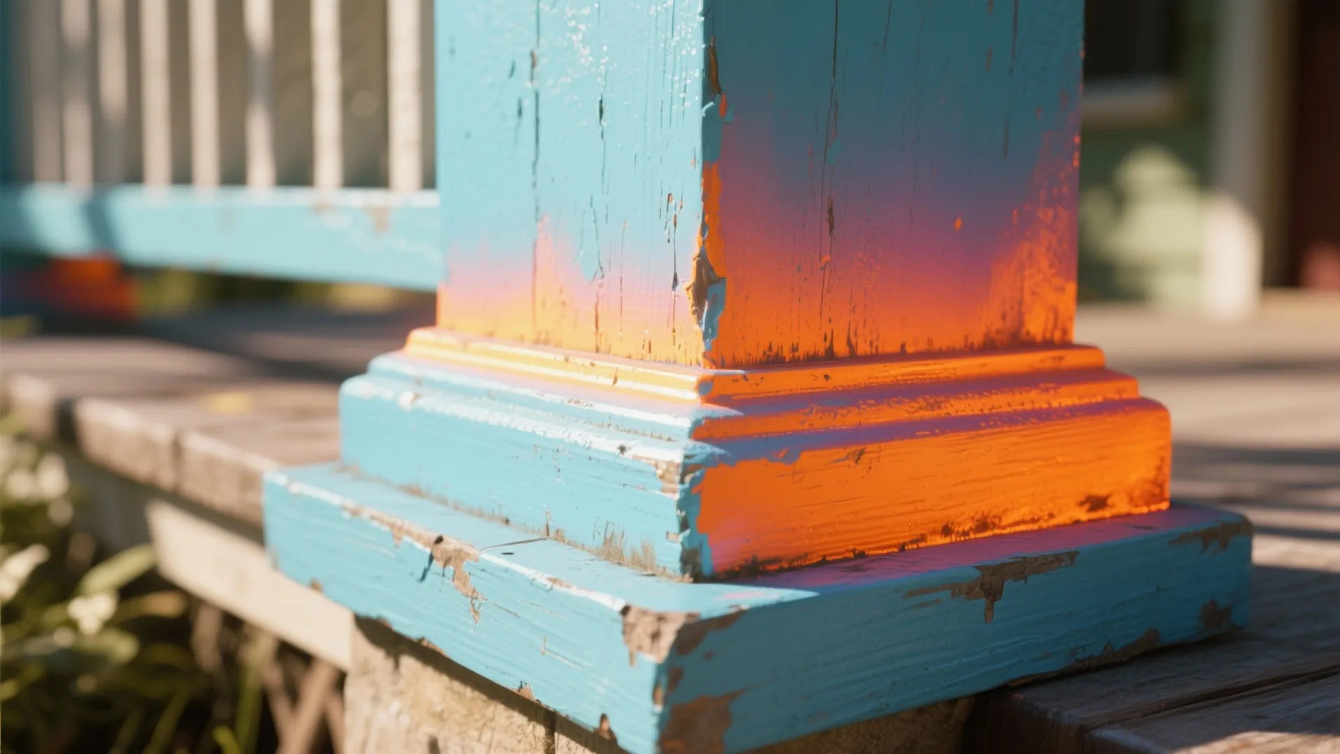 Close up of a blue wooden post with orange paint peeling off in bright sunlight
