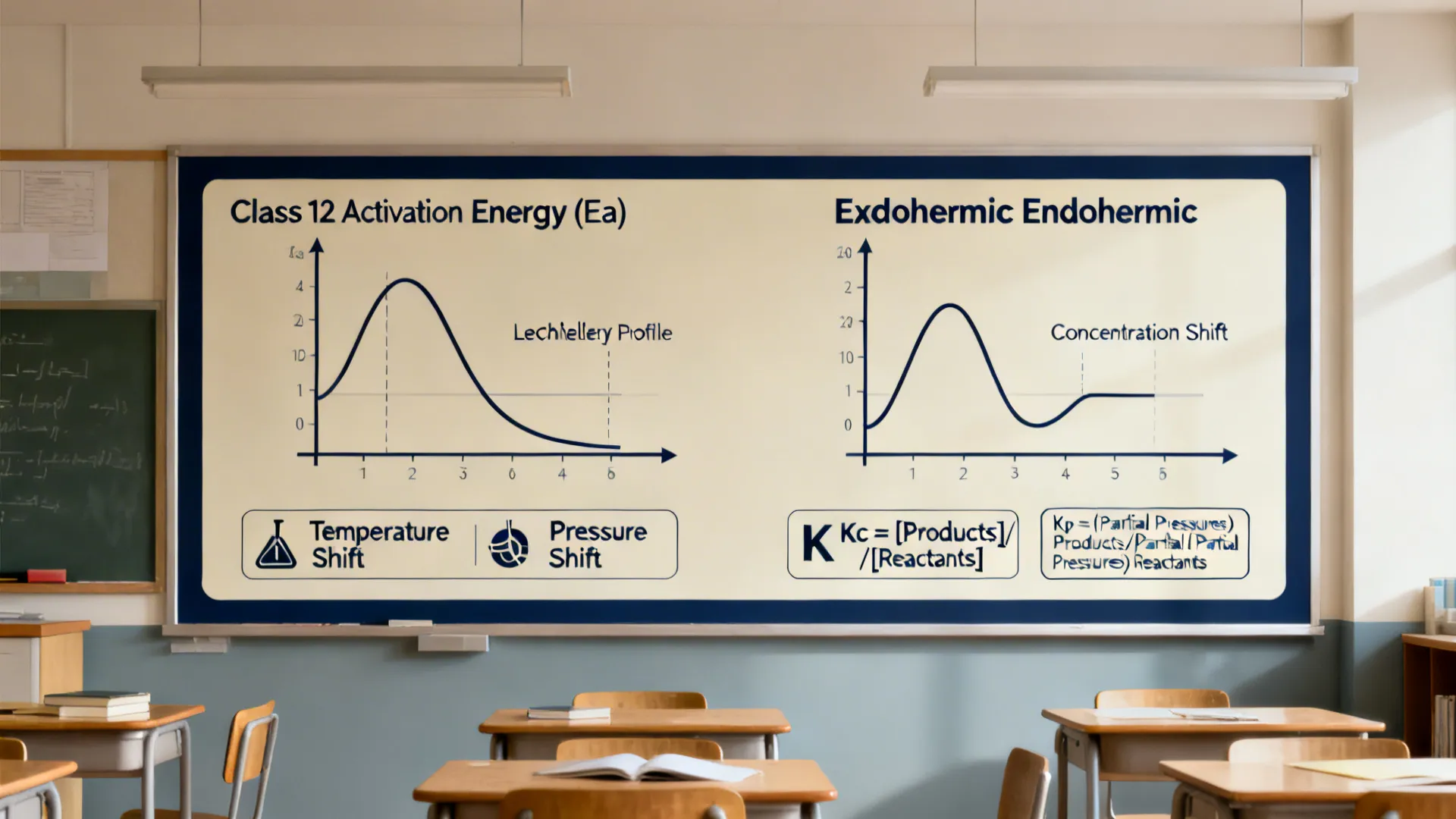 Thermodynamics and equilibrium poster with energy profiles and Le Chatelier icons.