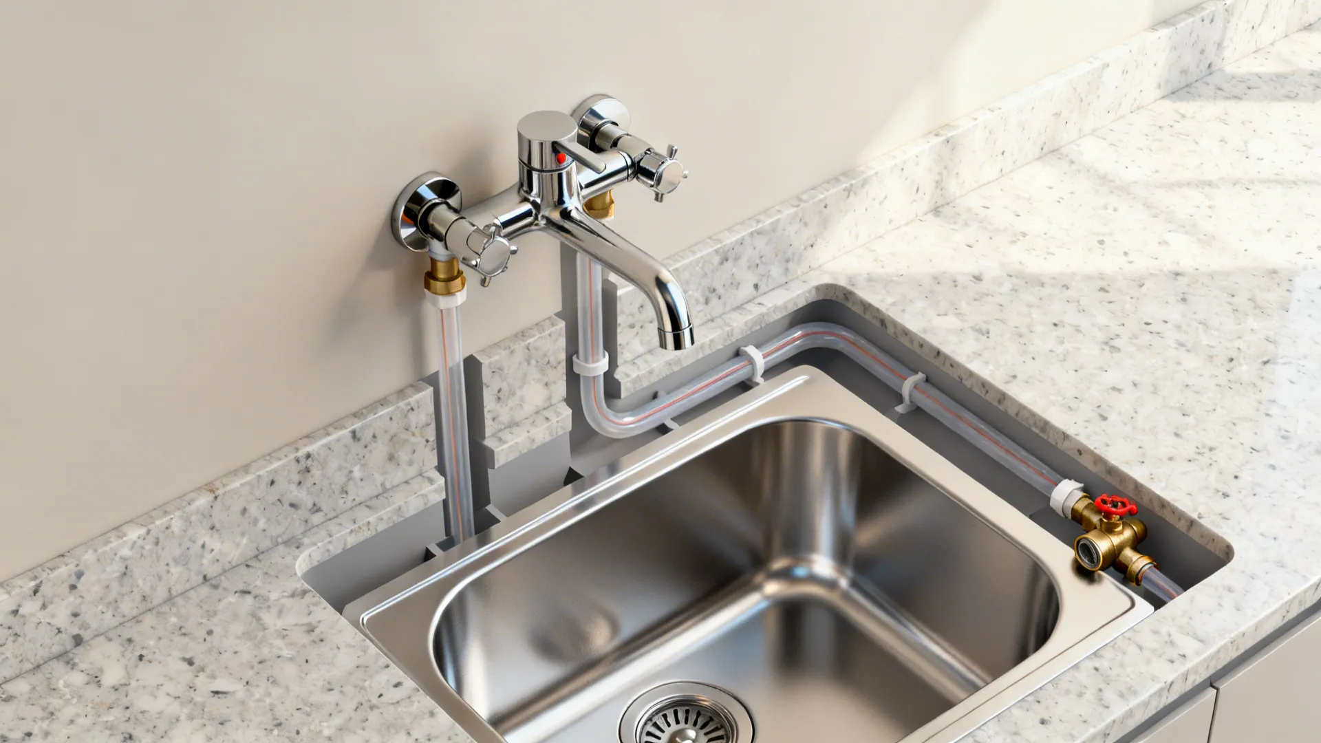 Interior design drawing showing water pipes connected to a chrome kitchen faucet and a sink