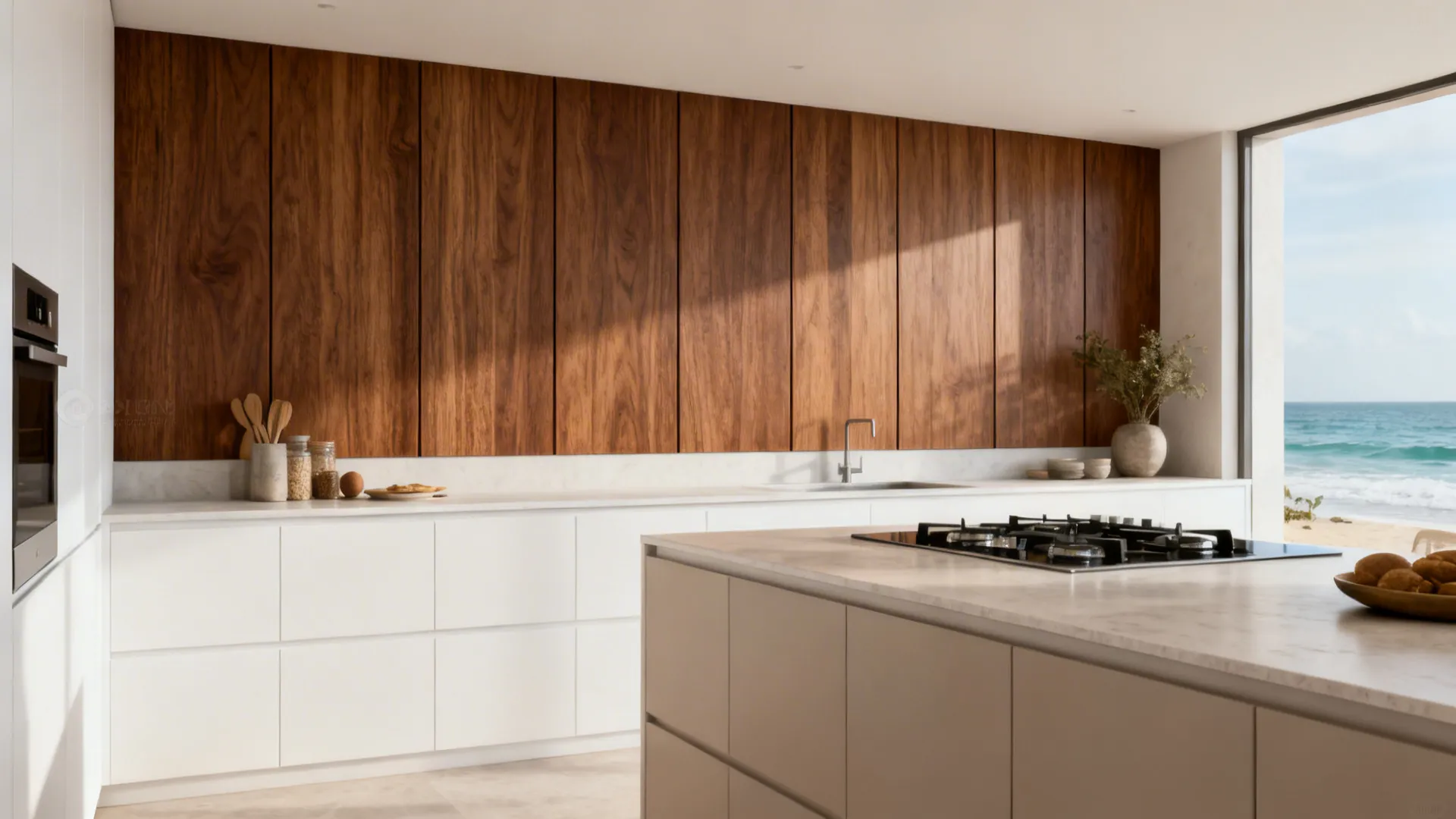 Thermally modified ash feature wall in a bright kitchen, cocoa-toned and stable.