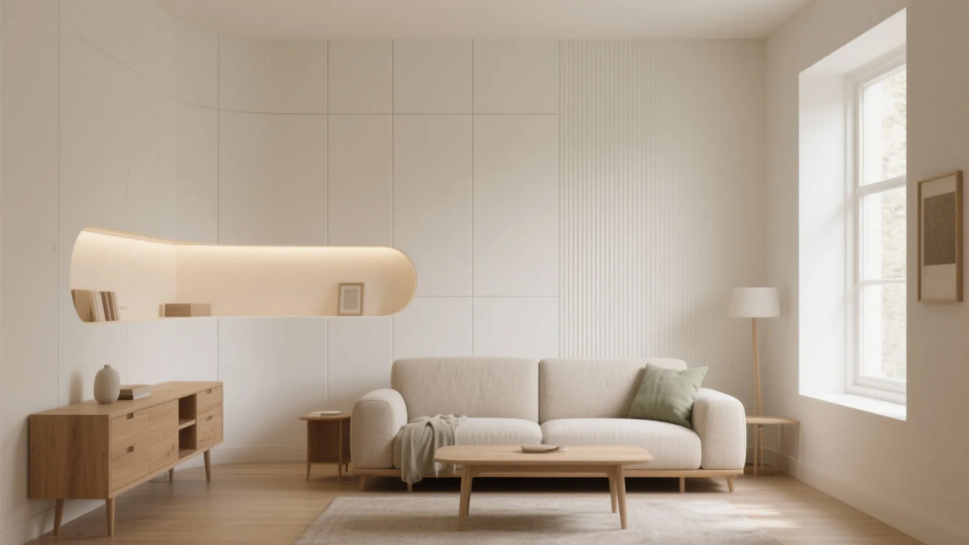Minimalist living room with cream sofa wooden coffee table light wood cabinet and curved wall shelf