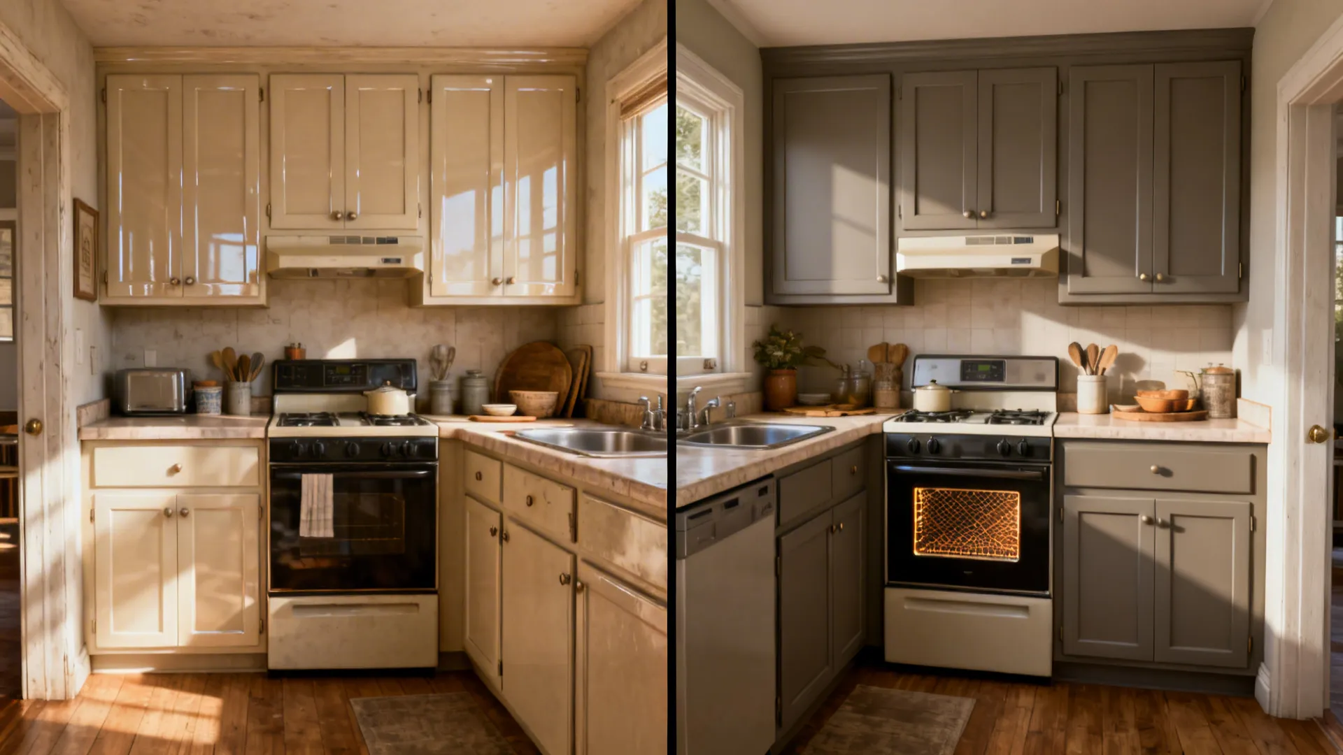 Before-and-after showing dated doors replaced by matte thermofoil Shaker fronts.