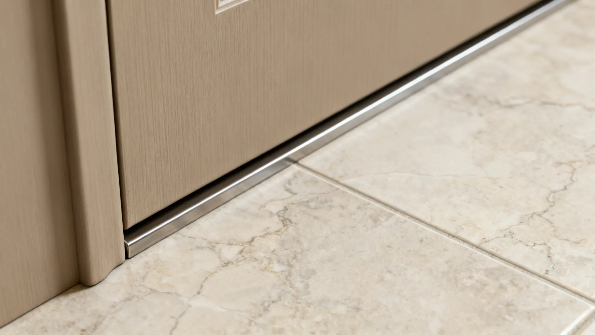 Greige thermofoil cabinets + stone-look porcelain tiles