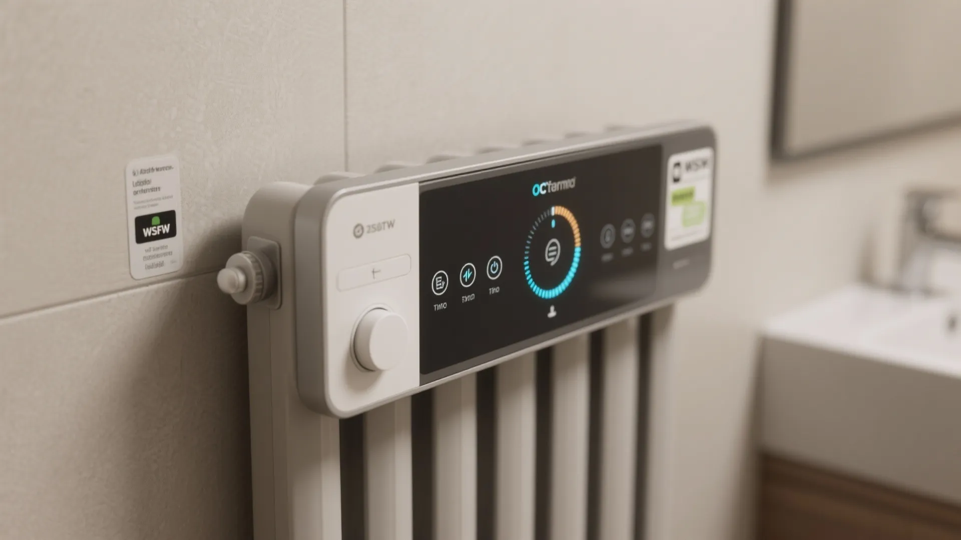 Close up of a digital control panel on a modern home heating radiator mounted on wall