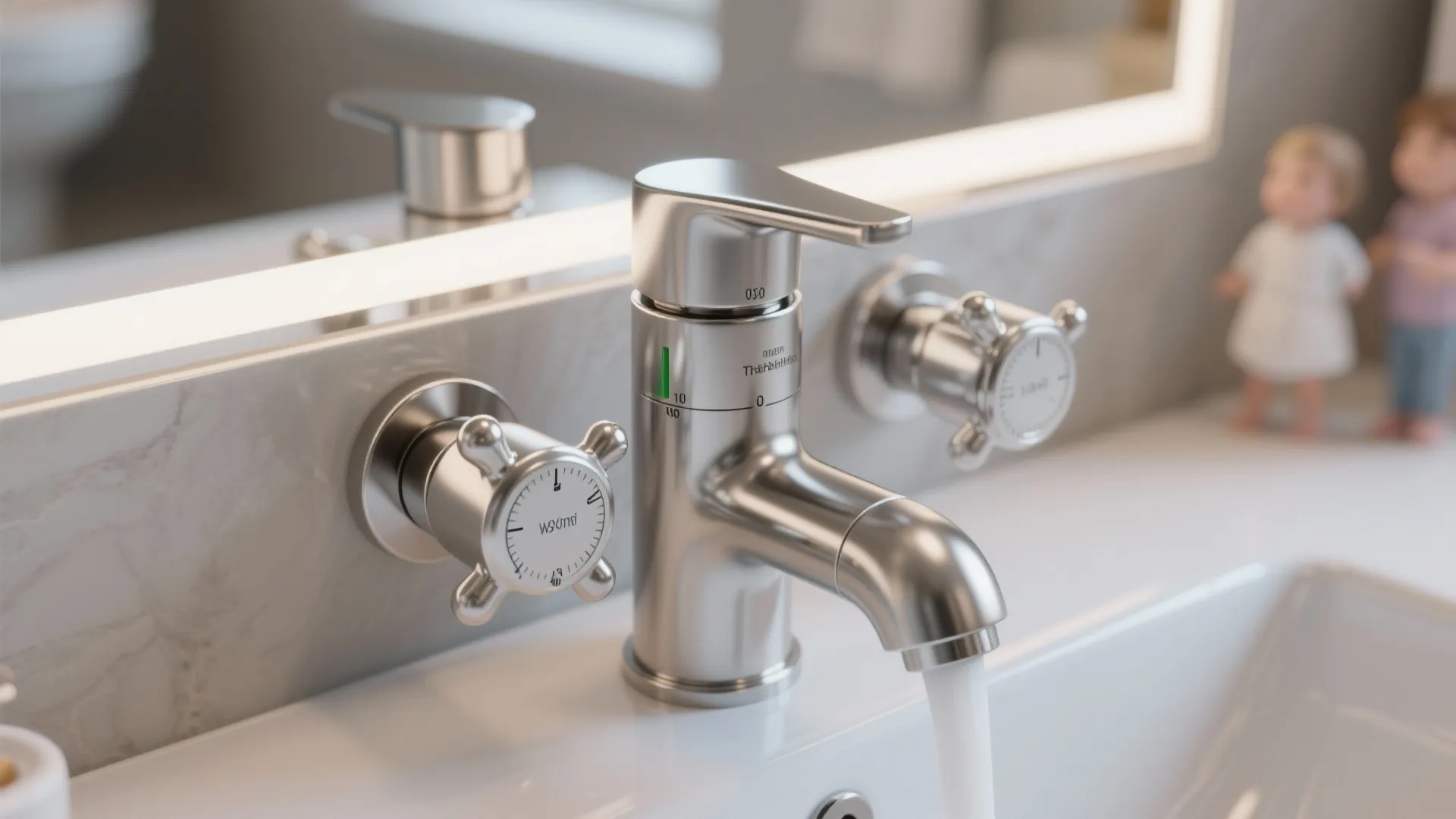 Modern silver faucet with two cross handles running water into a white sink in bathroom