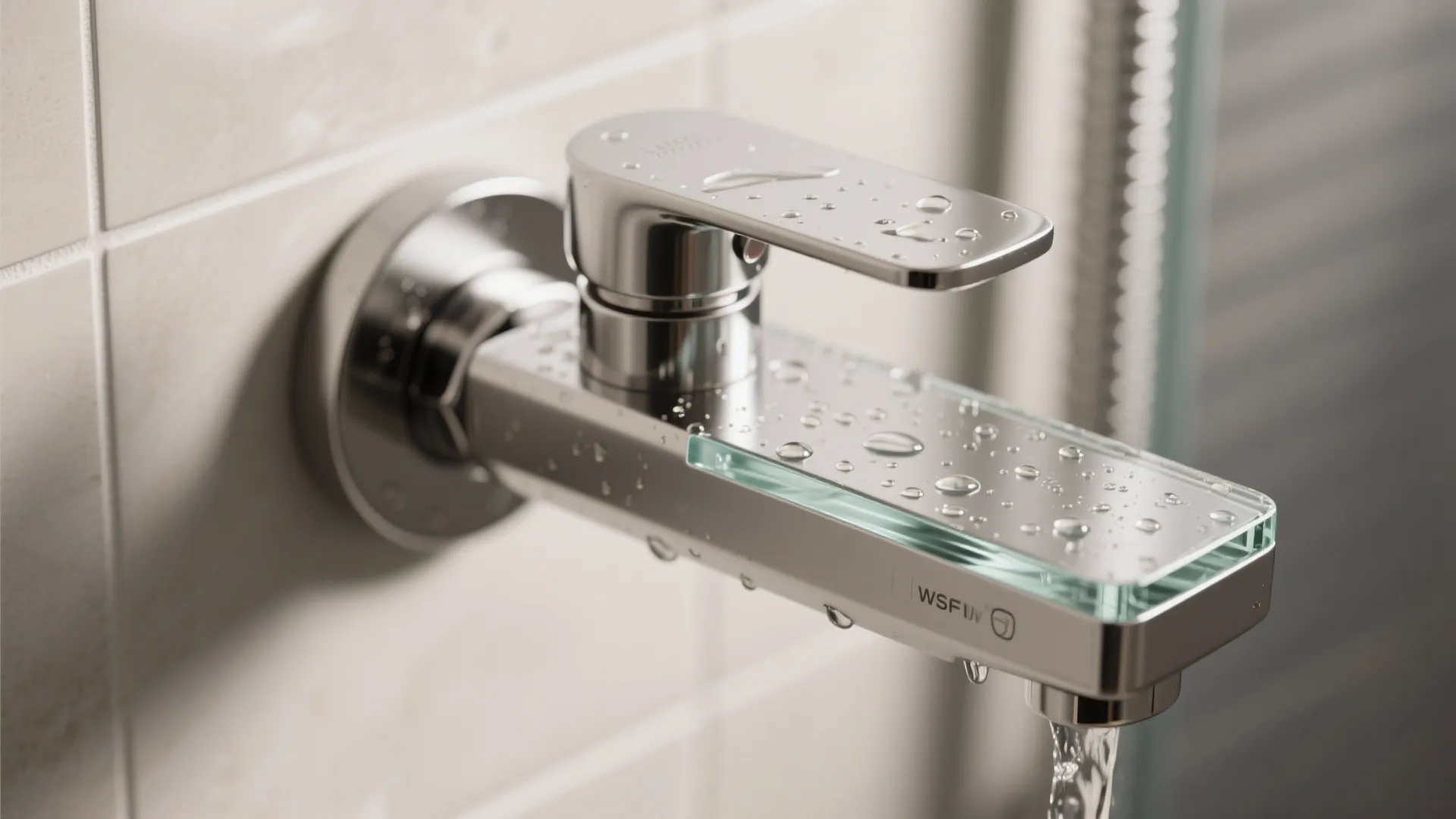 Macro of a slim thermostatic mixer and frameless glass edge with fine brushed metal texture.