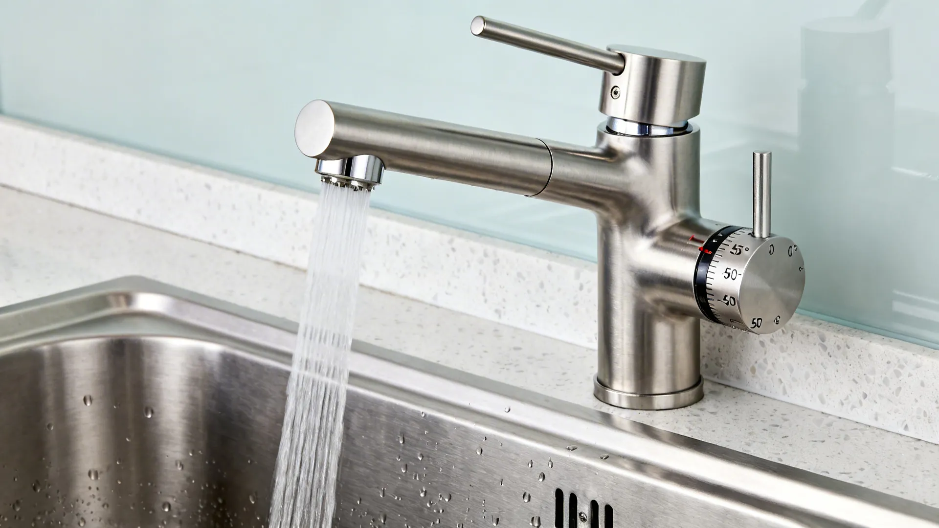Brushed metal kitchen faucet with temperature control dial pouring water into a stainless steel sink