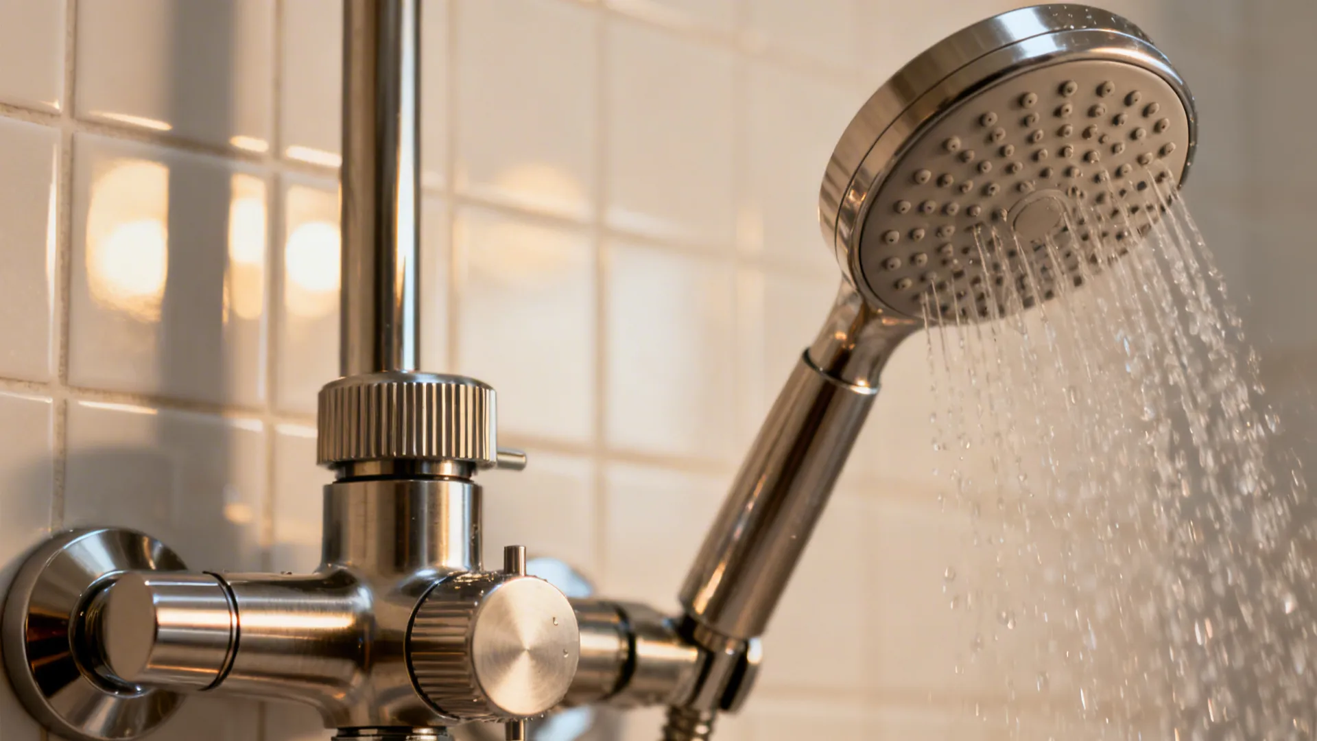 Macro of a brushed metal thermostatic shower valve and efficient showerhead under warm light.