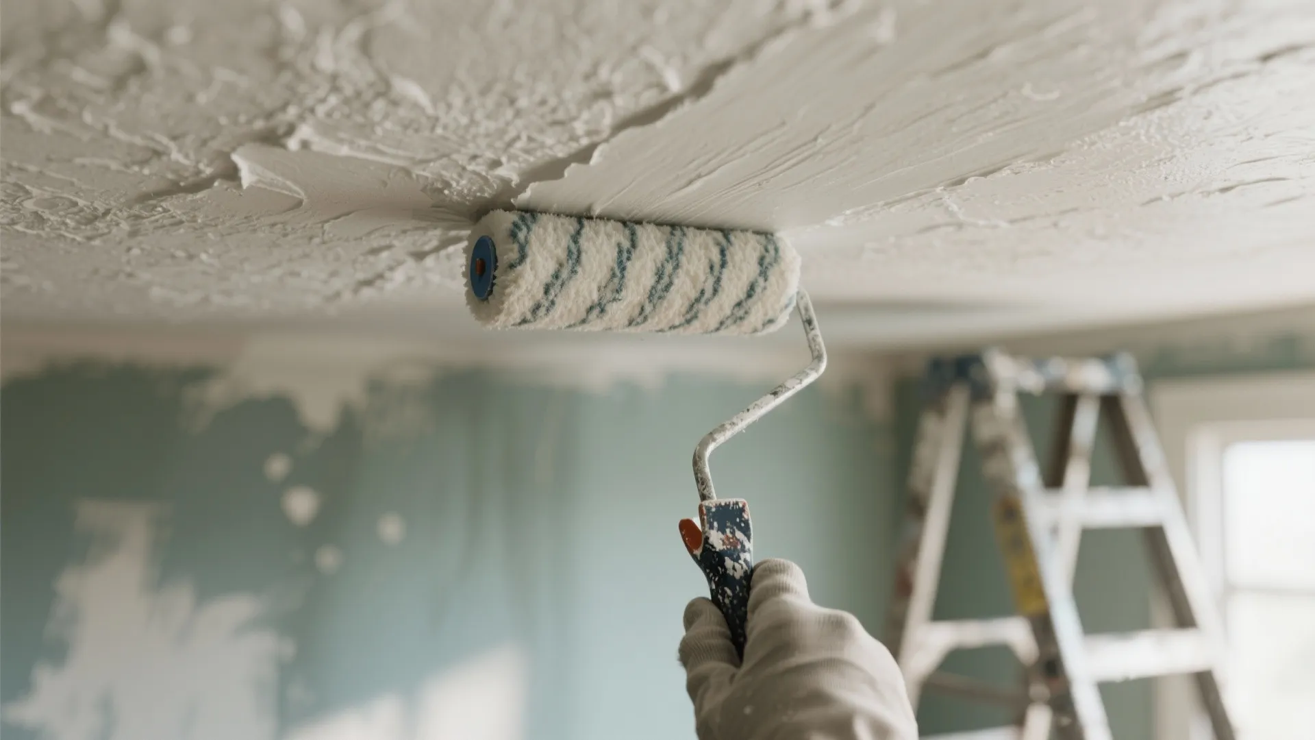 Close-up of a roller applying thick ceiling paint, showing heavy body texture and leveling brush marks