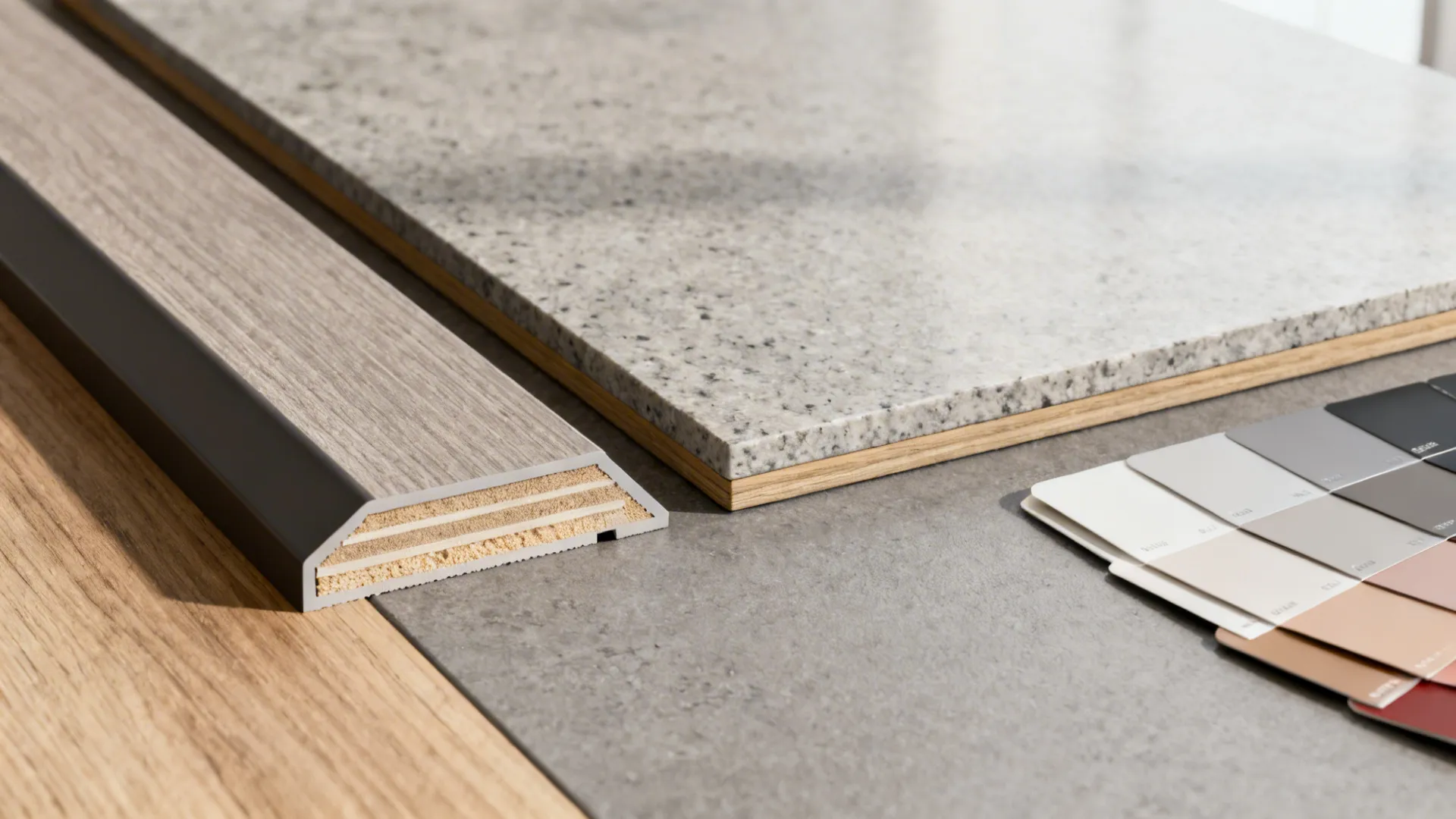 Flatlay of thick-edge laminate and stone edge samples showing profile and textures.