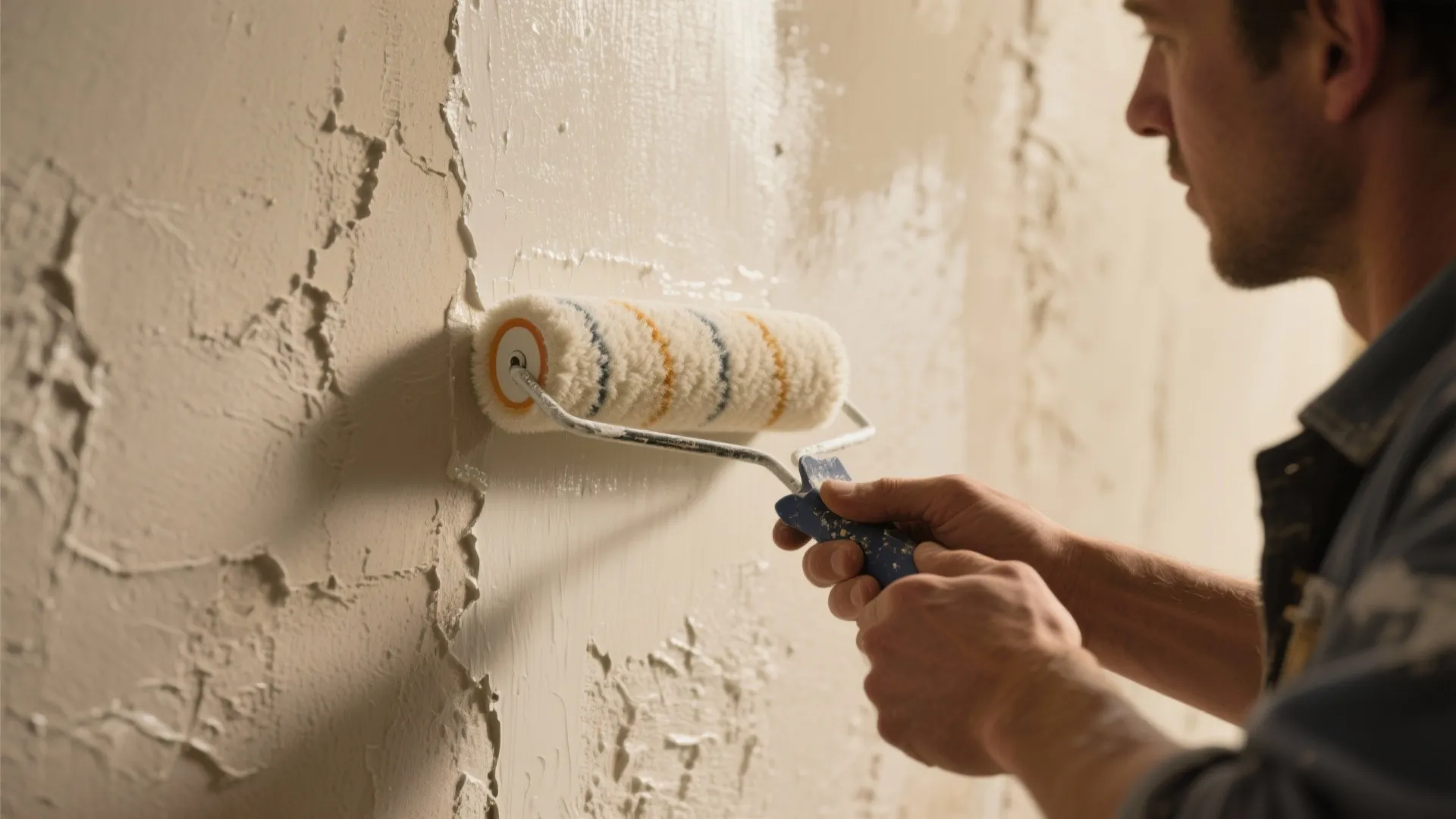 Man uses striped paint roller to apply thick cream paint onto a rough textured wall