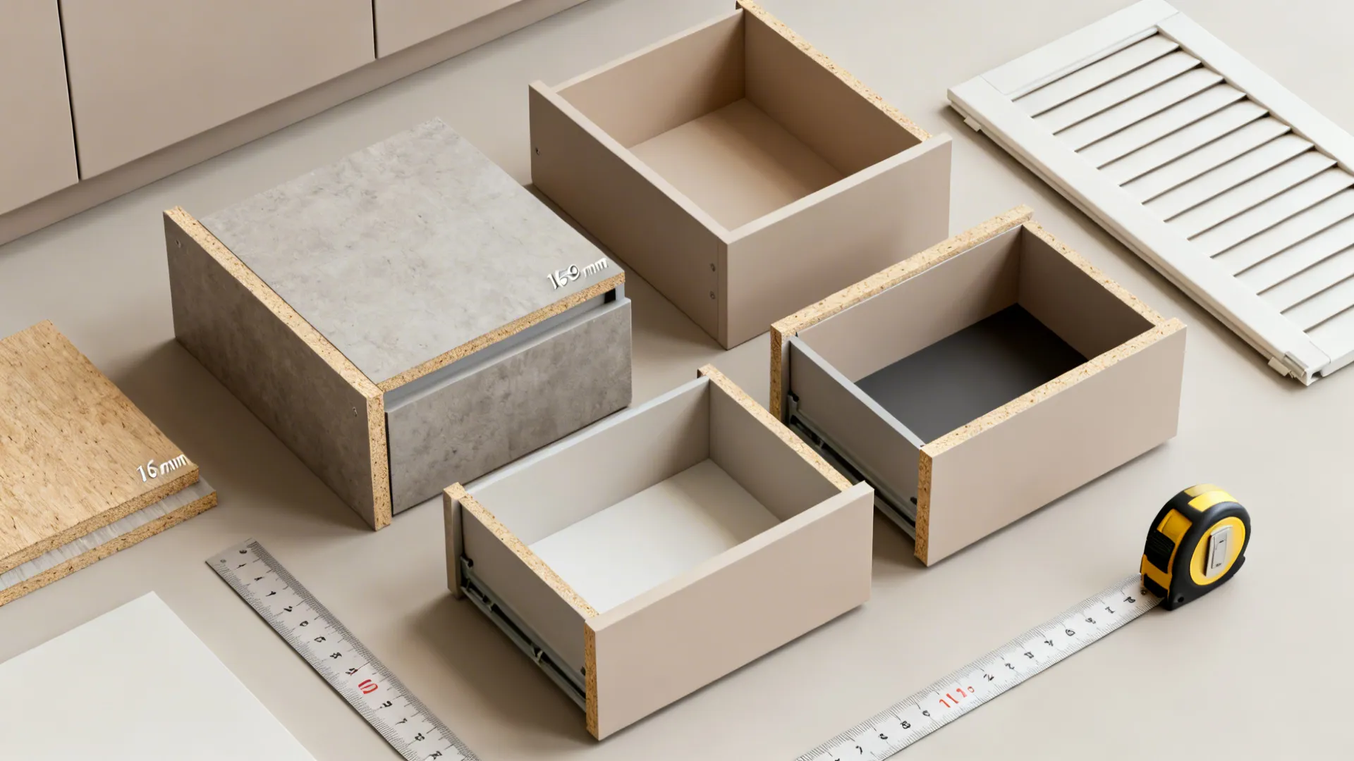 Interior design drawing showing cabinet drawer parts with measurement tools like rulers and a tape measure