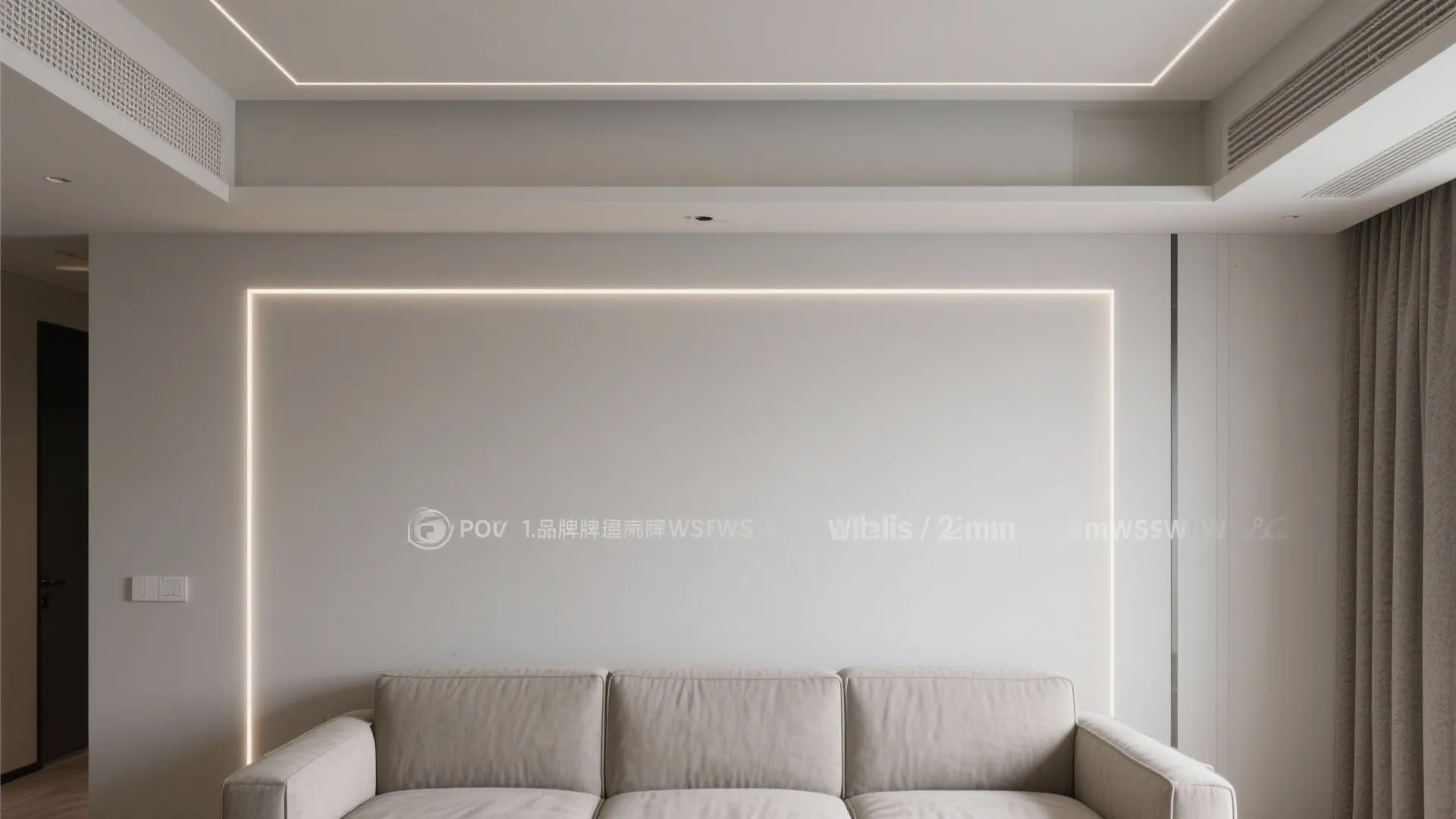 Minimalist living room with grey sofa and square light strip on the clean white wall