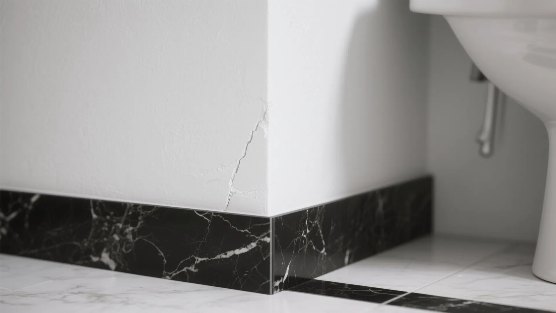 2. Contrasting white walls with a thin black marble base