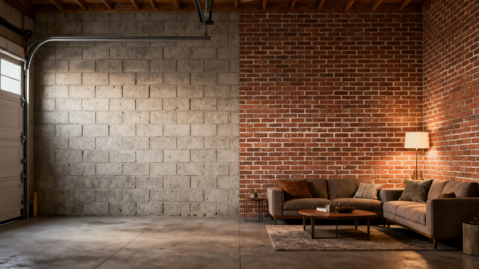 Before and after: raw cinder block converted to thin brick veneer in a lounge.