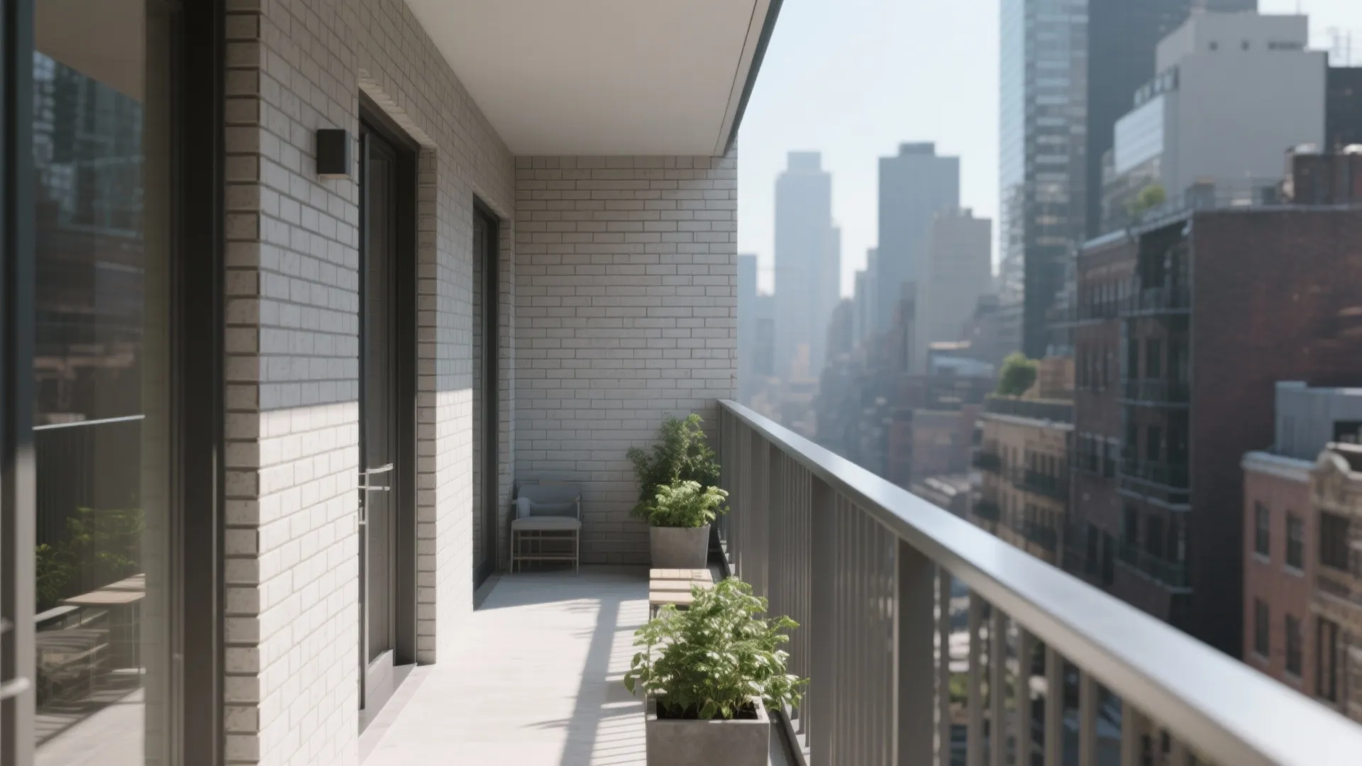 Slim balcony with thin brick cladding and horizontal bar aluminum railings