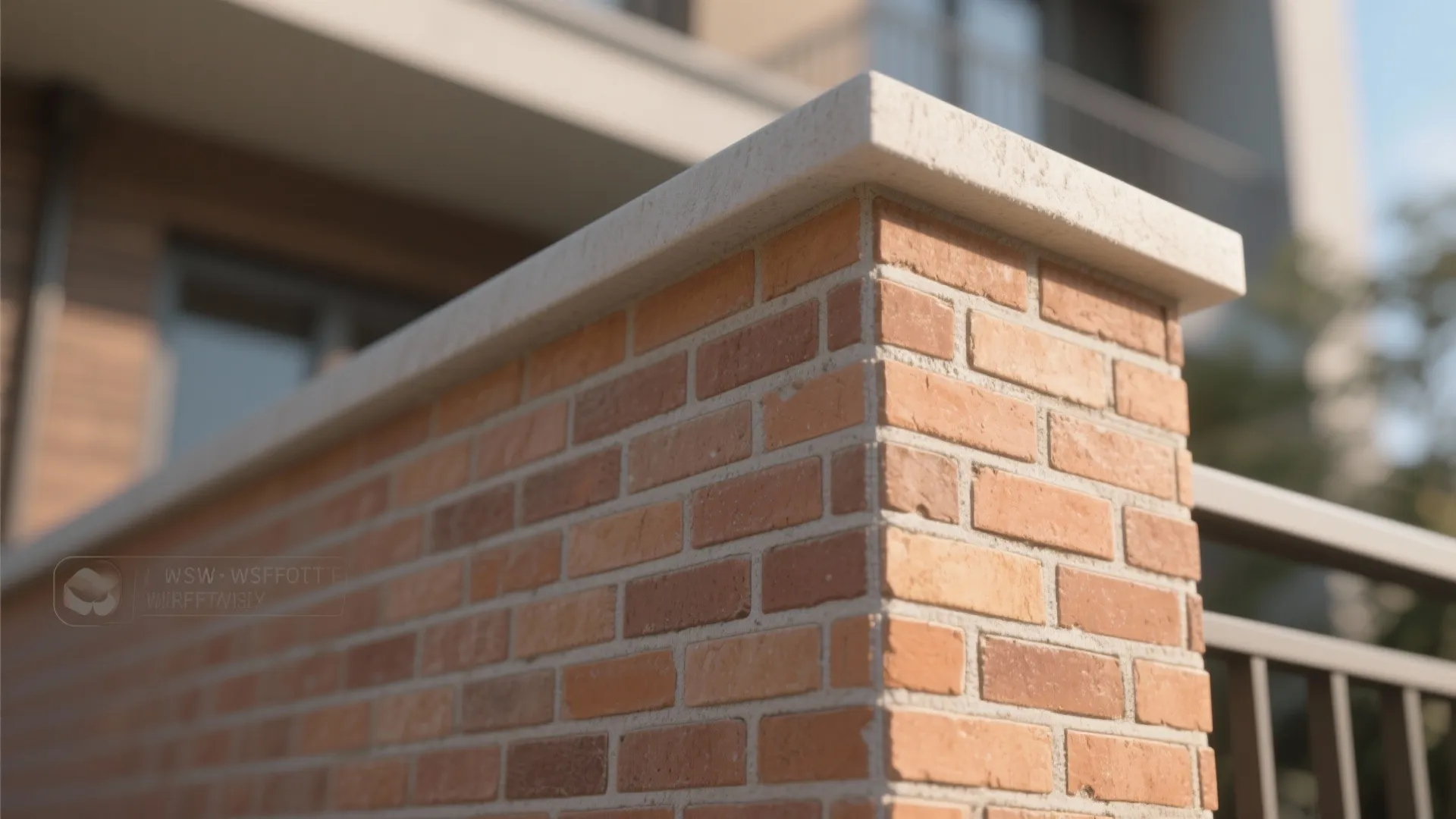 Close up view of red brick wall corner with a flat white stone cap on top