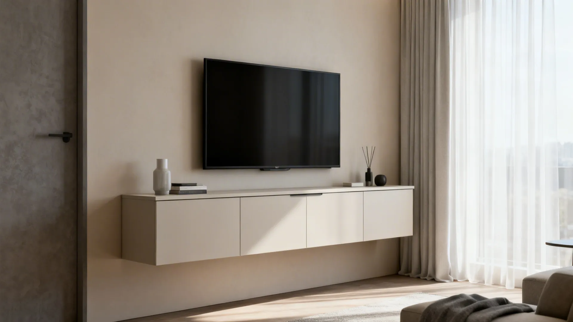 Modern living room featuring wall mounted television over beige floating cabinet with curtains and light