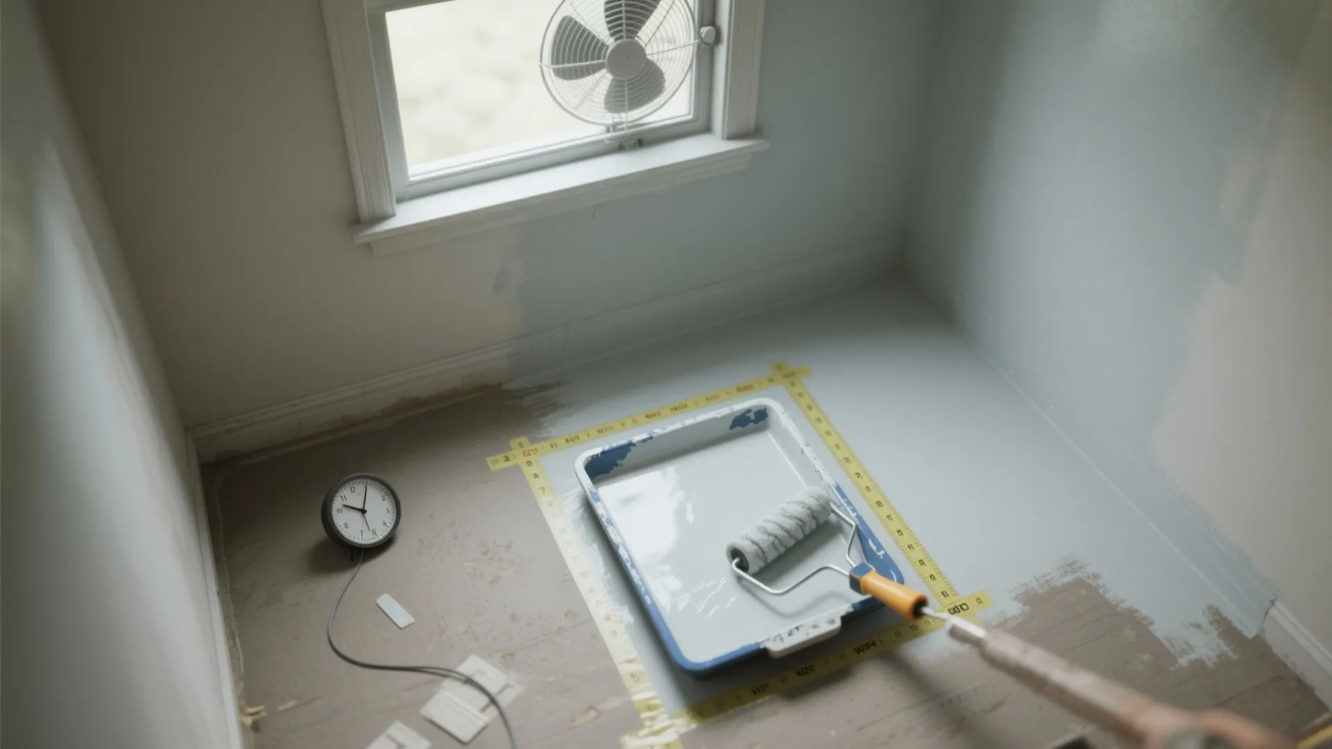 Paint tray with roller on floor showing light blue paint application near window with fan