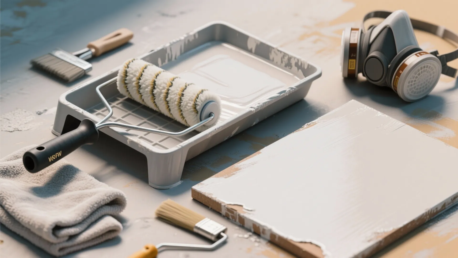 Paint roller in grey tray with brushes face mask and towel for home wall painting