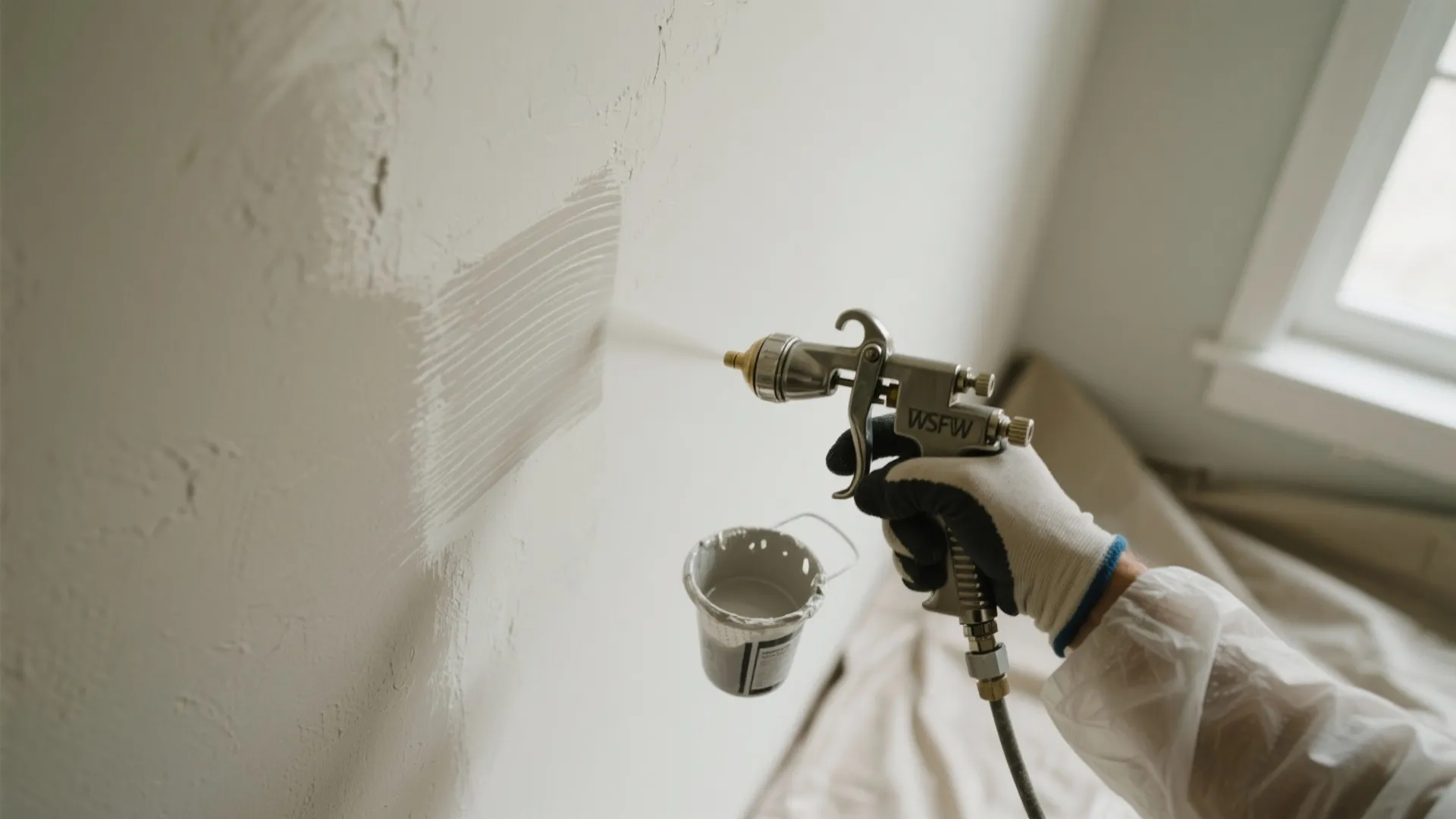 Person using a spray gun to apply white paint on a wall during home renovation