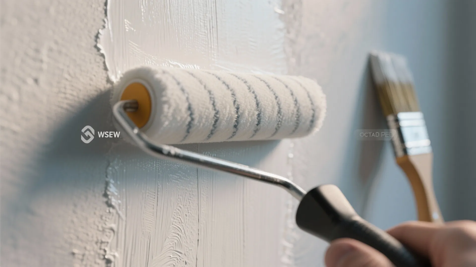 Person using a white paint roller to apply a thin coat of paint on wall