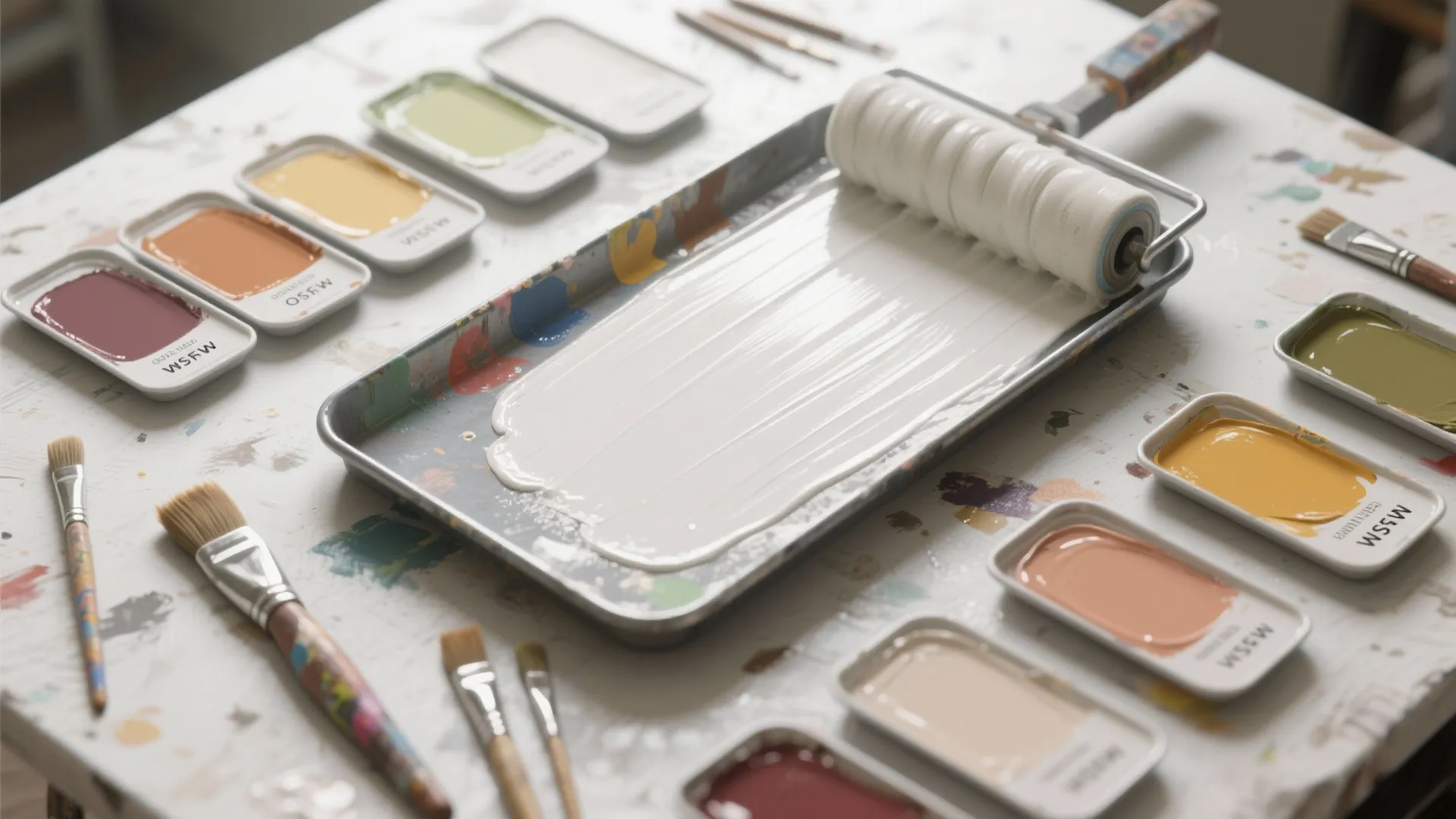 Paint roller with white paint in a tray surrounded by various colorful paint sample containers