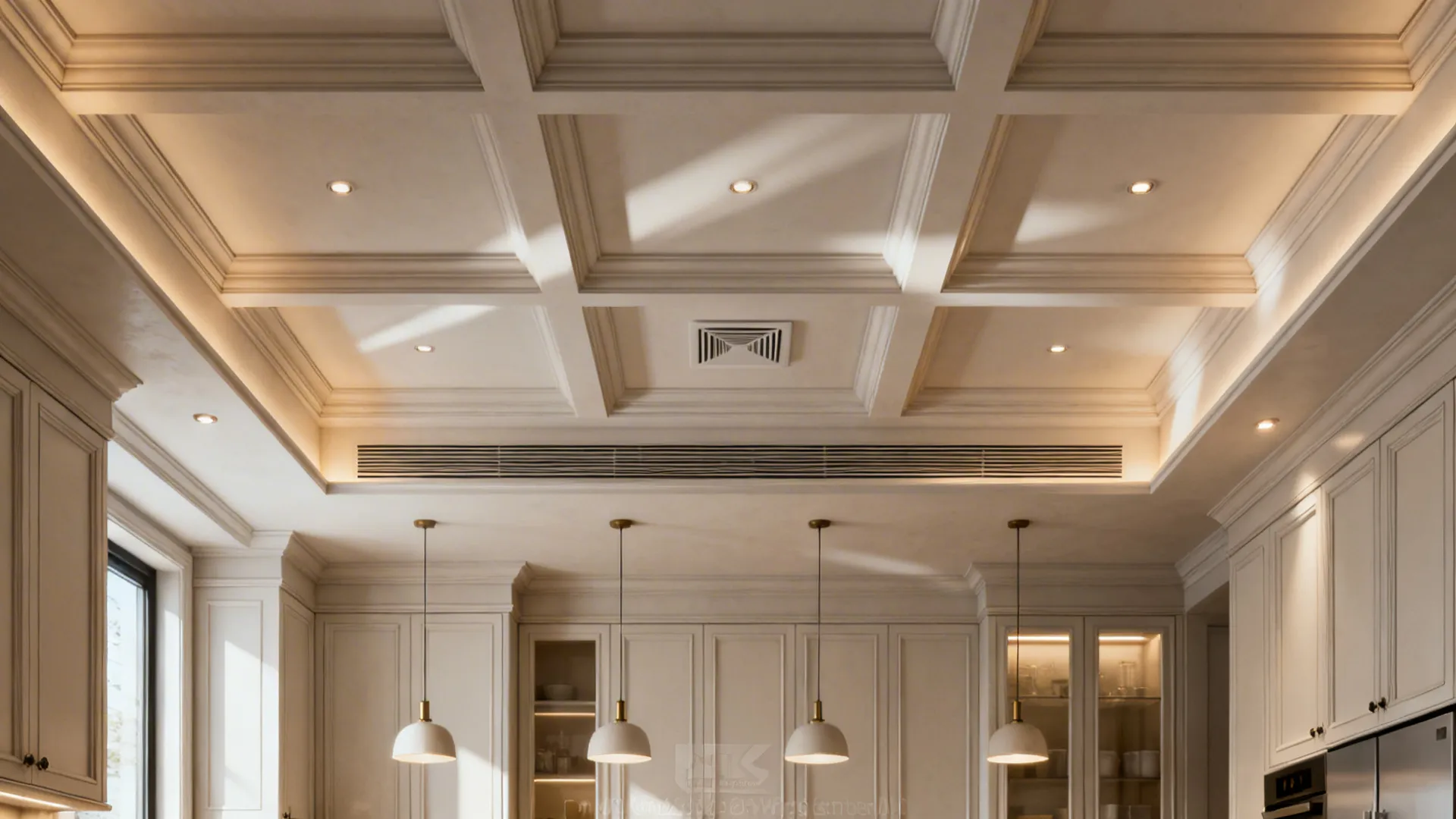 Compact kitchen with ultra-thin coffered ceiling grid and hidden vent in shadow lines.