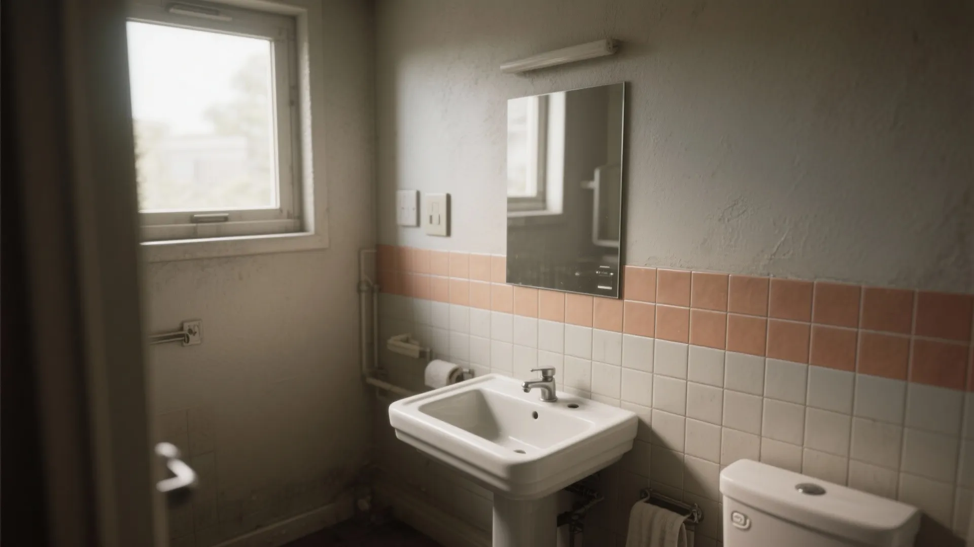 Simple bathroom featuring a white sink small mirror toilet and a pink wall tile border