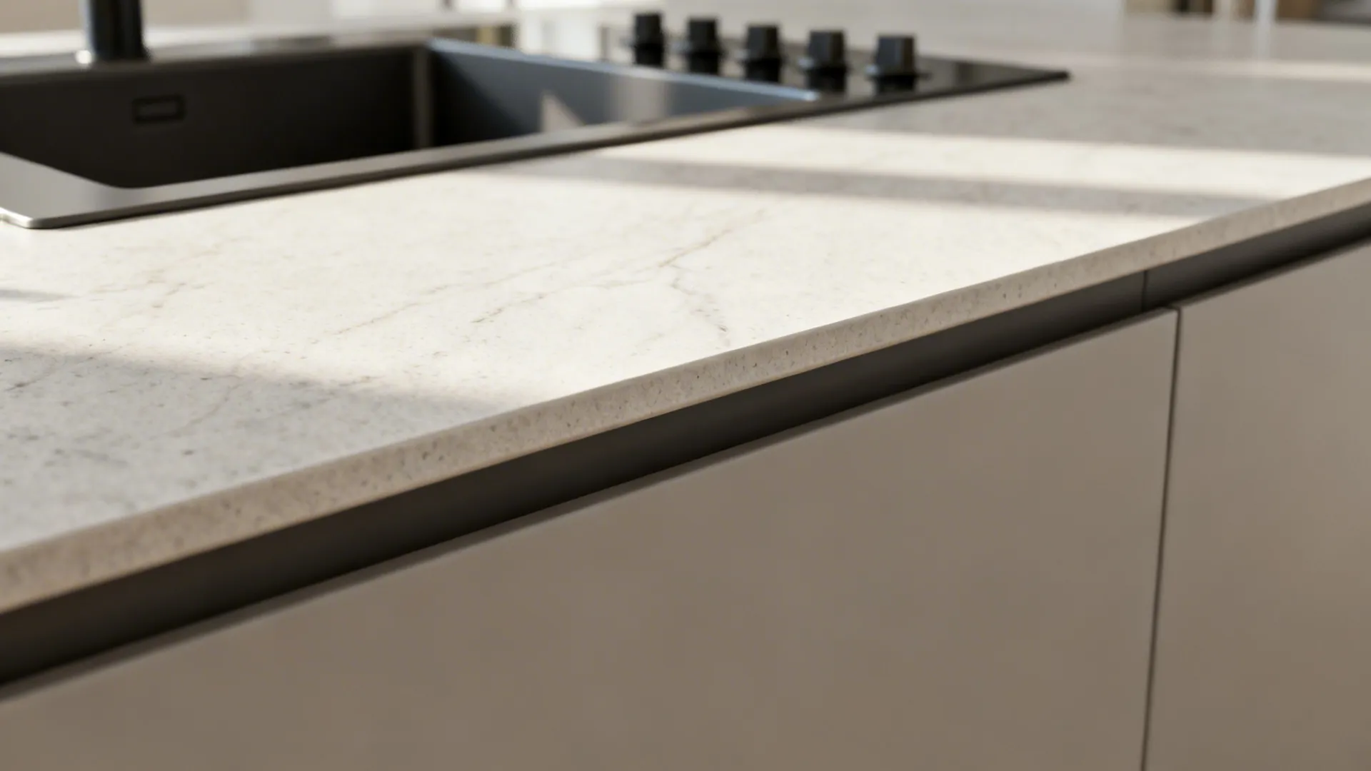 Macro view of a 12 mm sintered stone countertop with micro-bevel edge and flush hob for a light look.