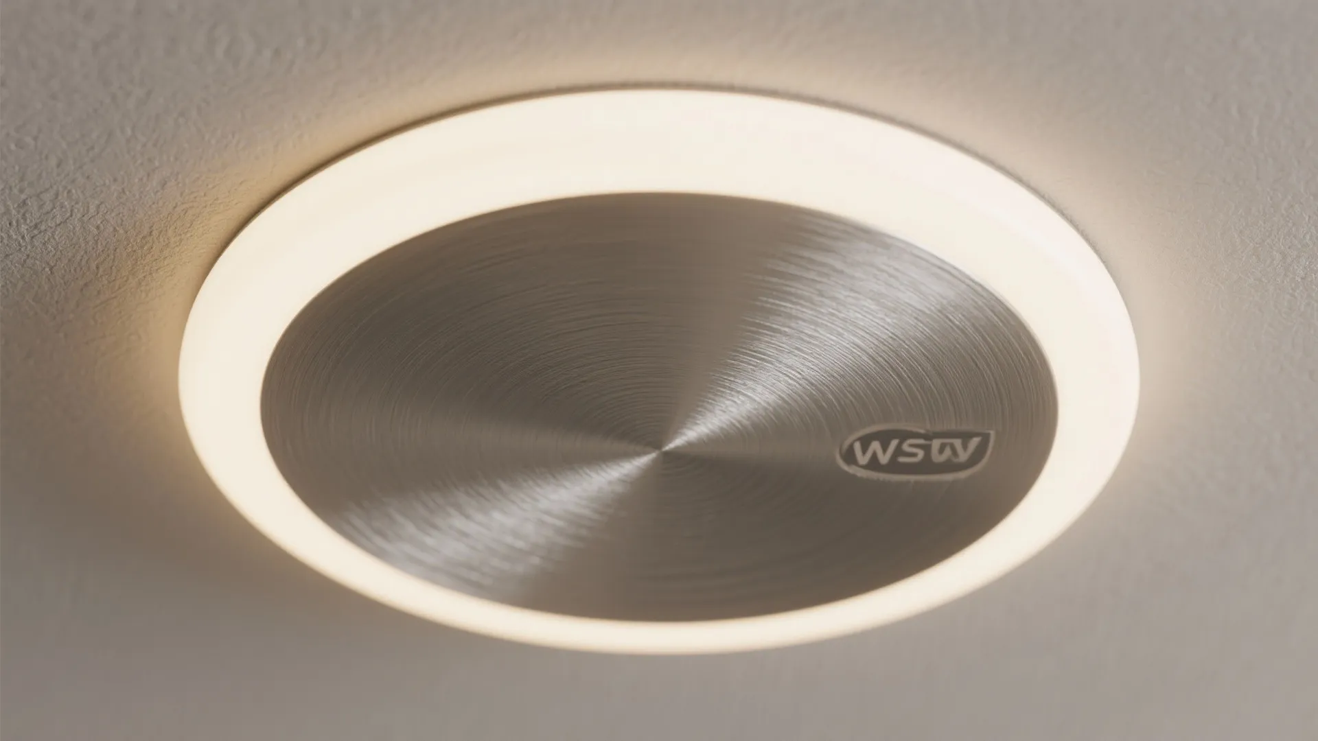 Close-up of slim disk flush mount with integrated LED and subtle texture
