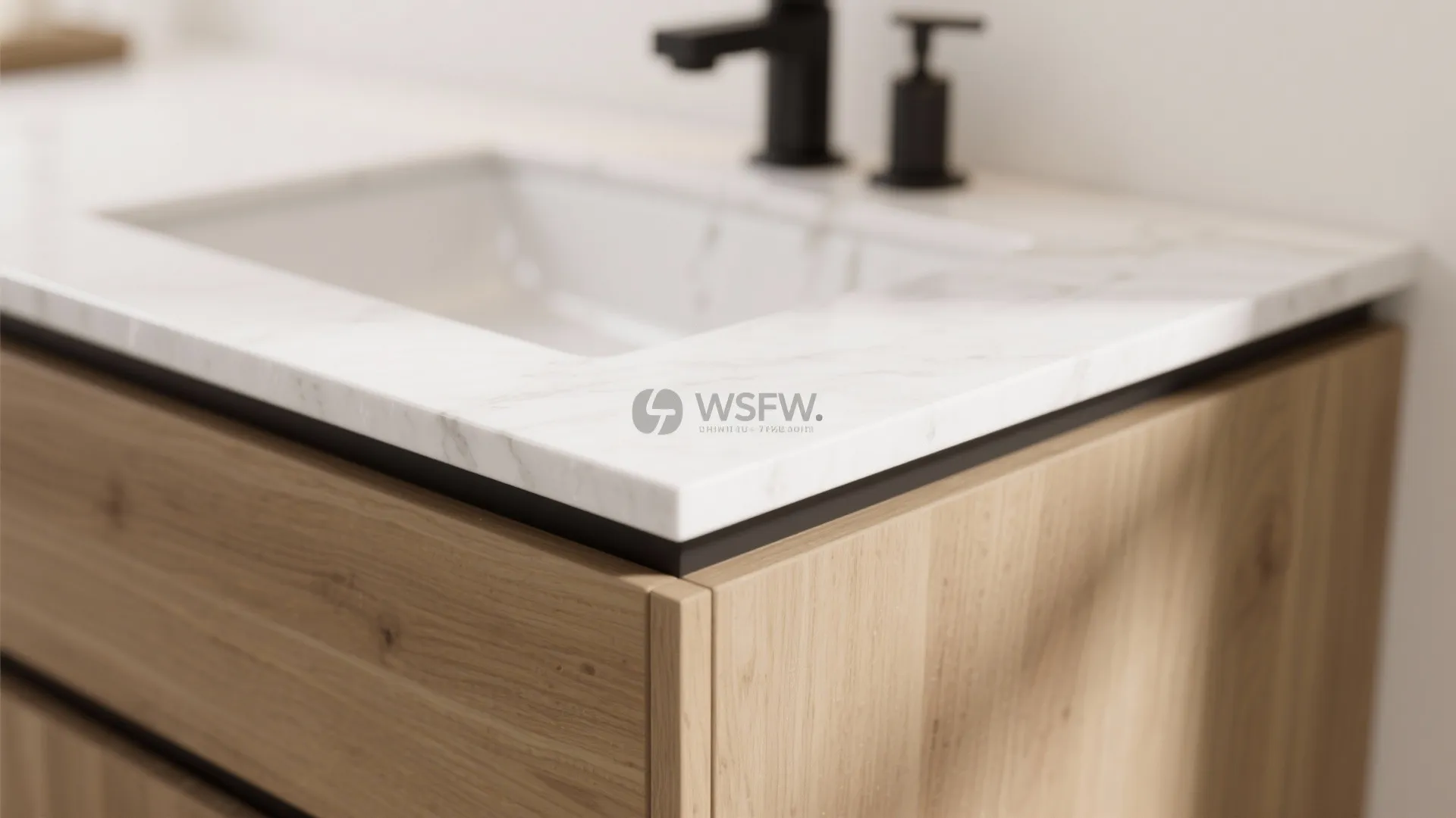 Modern bathroom sink with marble countertop and wood cabinet featuring black metal thin edge detail