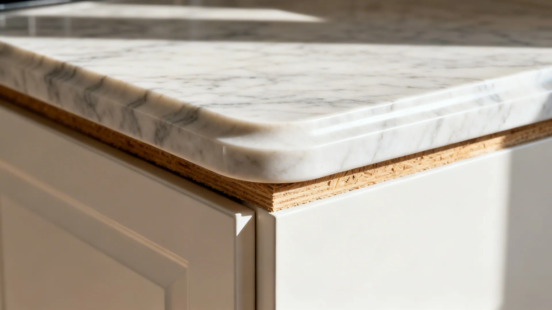 Macro detail of a thin 18–20 mm marble countertop with eased half-bullnose edge.
