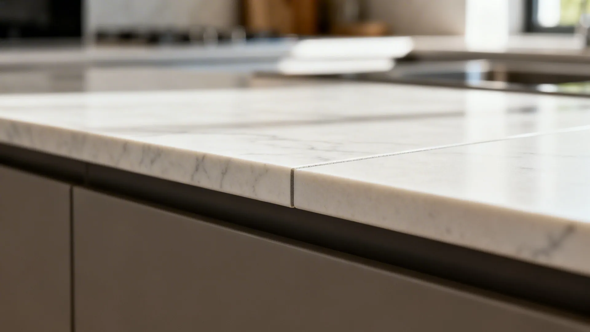 Macro detail of porcelain countertop with ultra-thin matching grout and rectified edge.