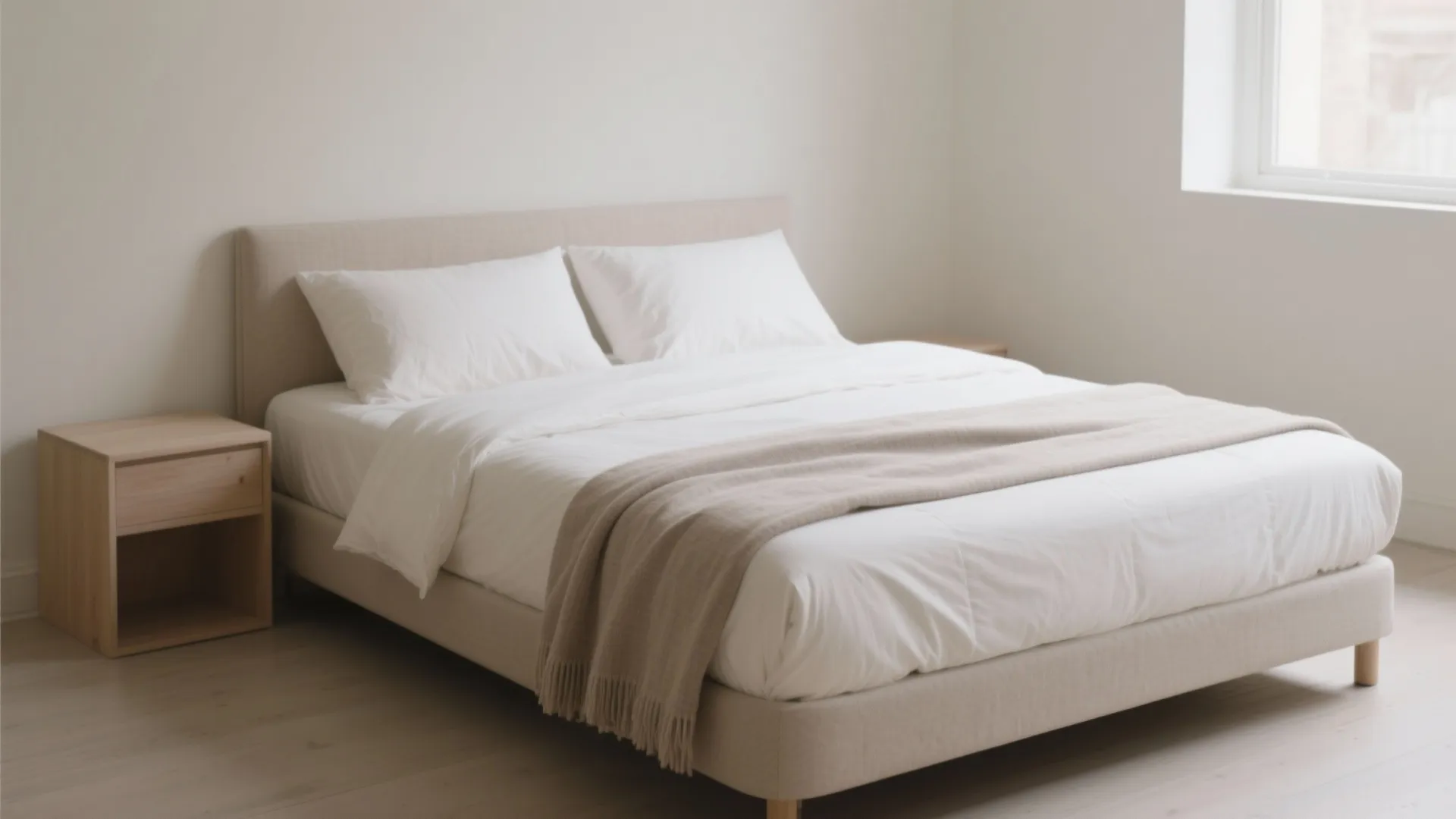 Minimalist bedroom with beige bed frame white bedding brown throw blanket and wooden side cabinet