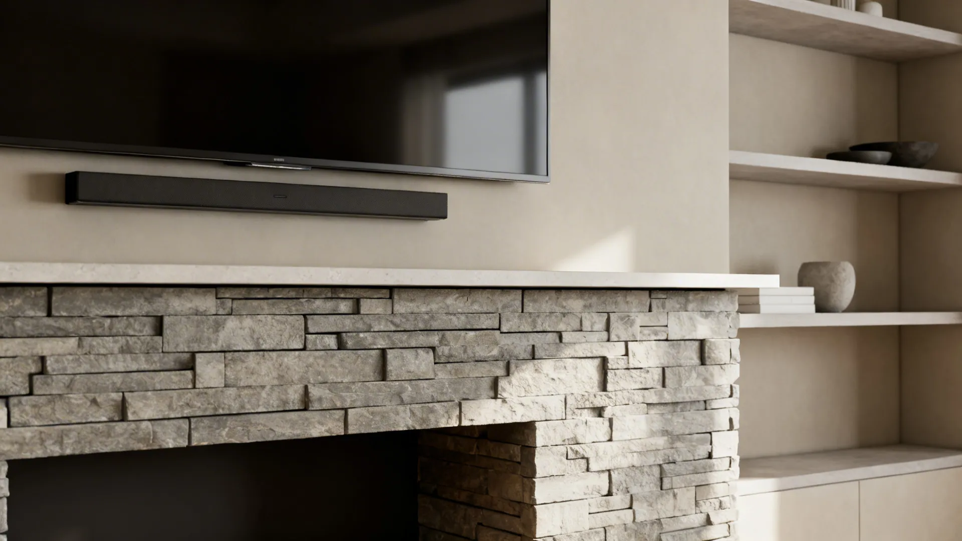 Modern minimalist small living room with thin-ledge stacked stone fireplace and low mantel