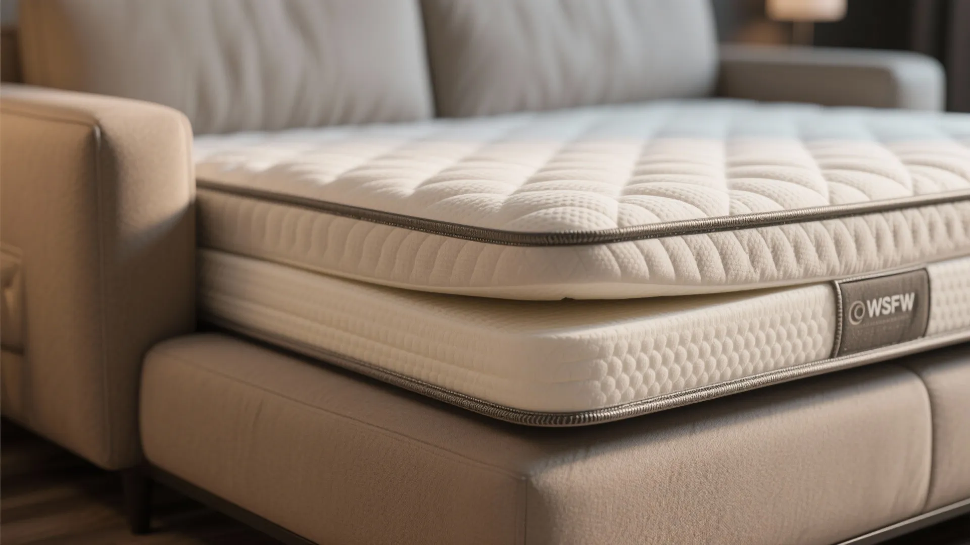 Close up of a thin white mattress with quilted pattern placed on top of sofa